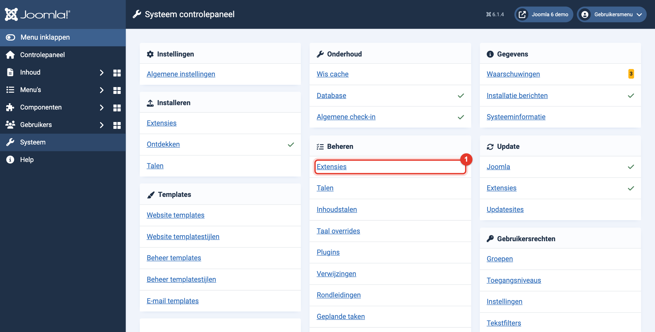 Joomla 6 Systeem controlepaneel, Beheren, Extensies