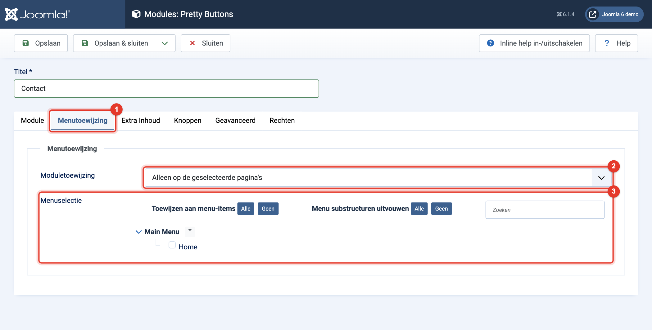 Module Pretty Buttons: tabblad Menutoewijzing