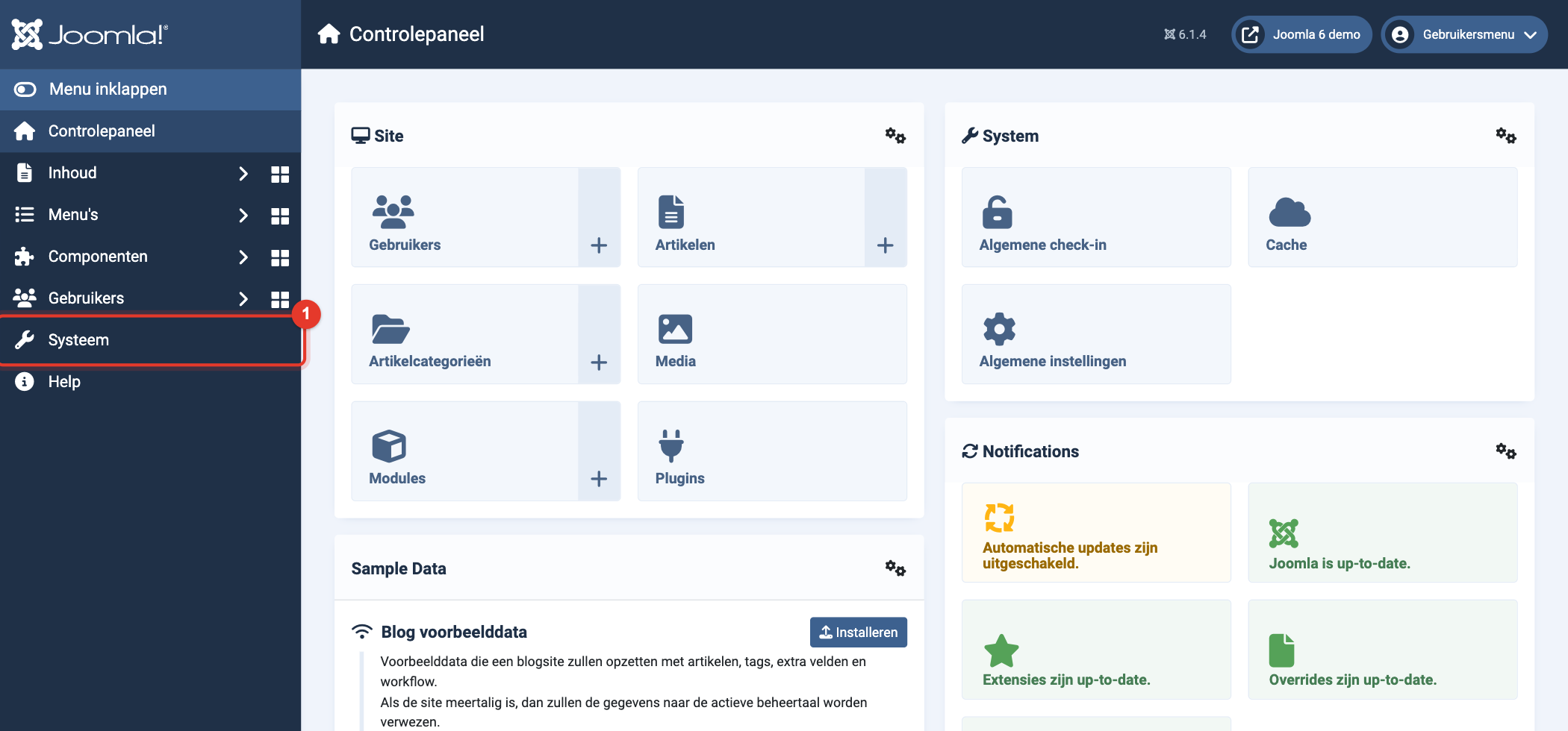 Joomla 6 controlepaneel, menu-item Systeem