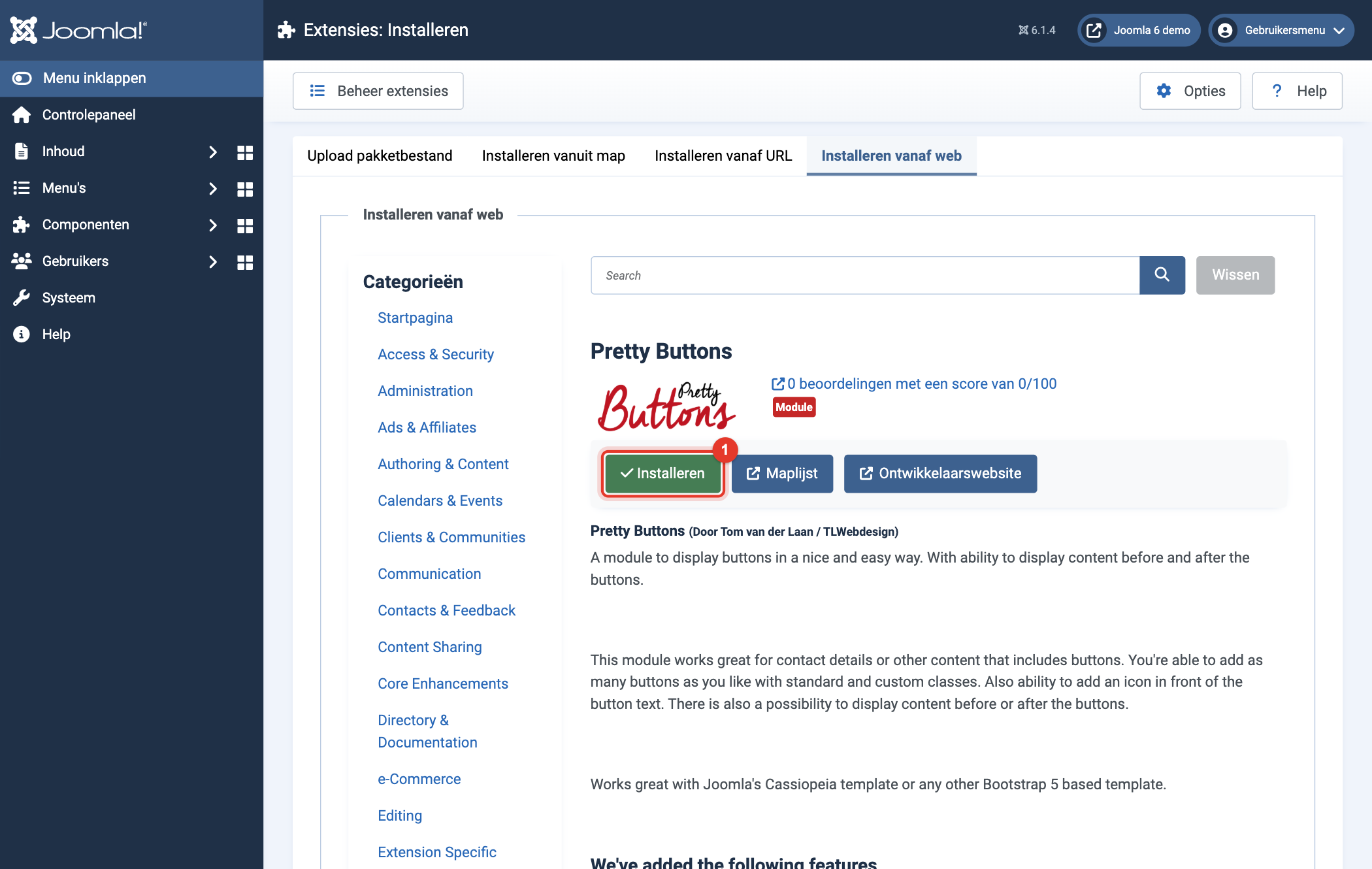 Joomla 6 Installeren vanaf web, de knop Install van Pretty Buttons
