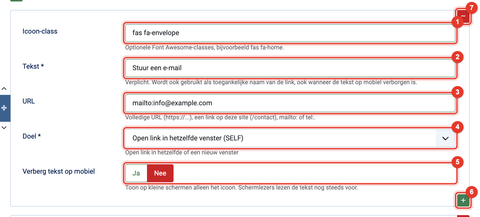 Module Pretty Links: de velden van één link