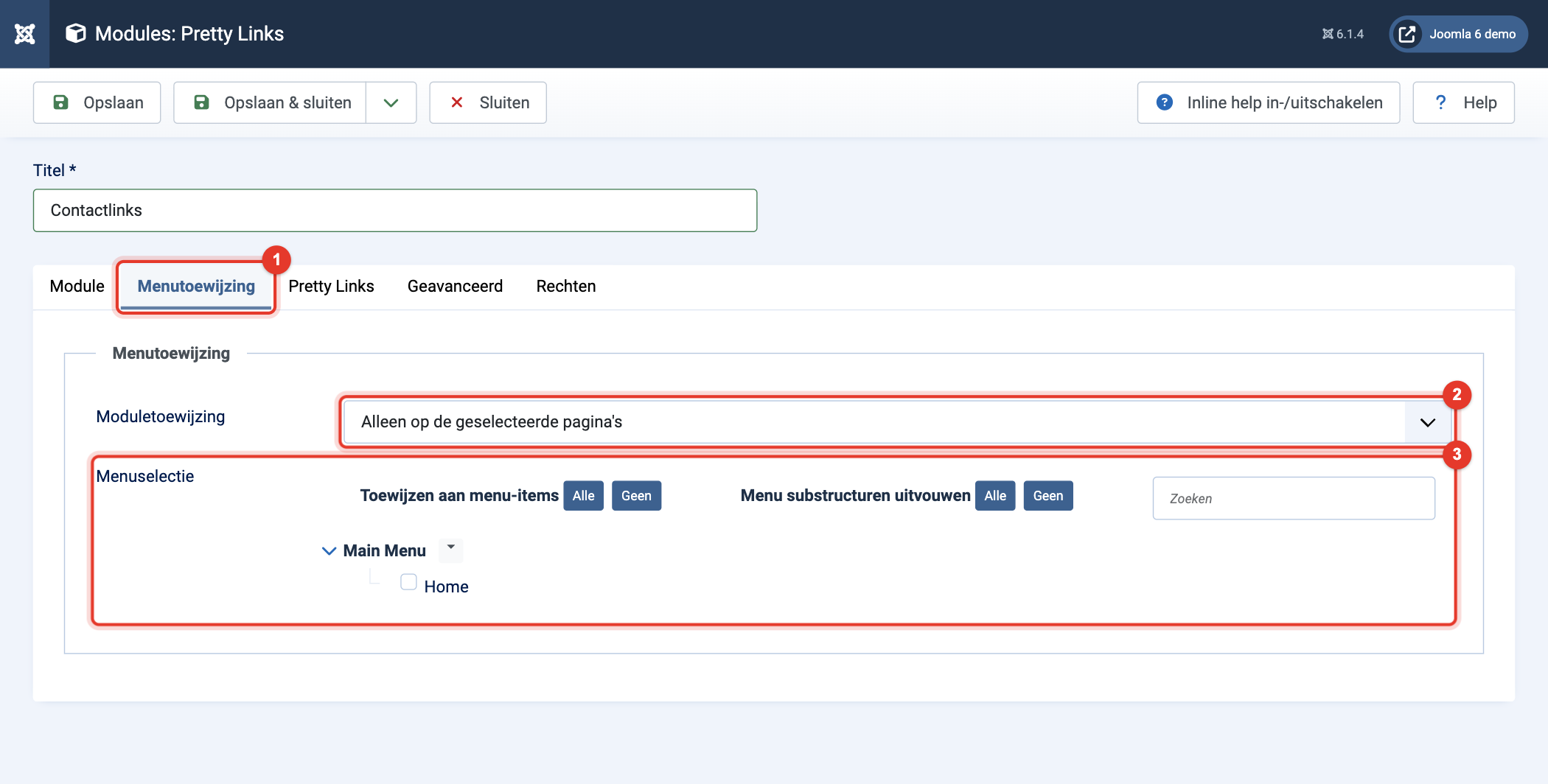 Module Pretty Links: tabblad Menutoewijzing
