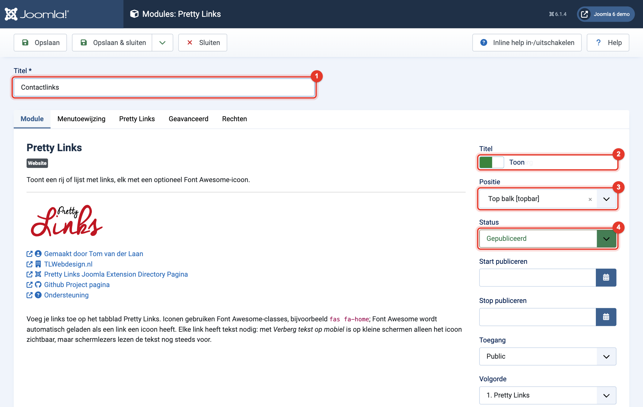 Module Pretty Links: titel, positie en status