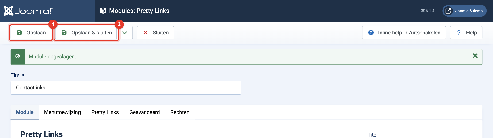 Module Pretty Links: Opslaan en Opslaan & sluiten
