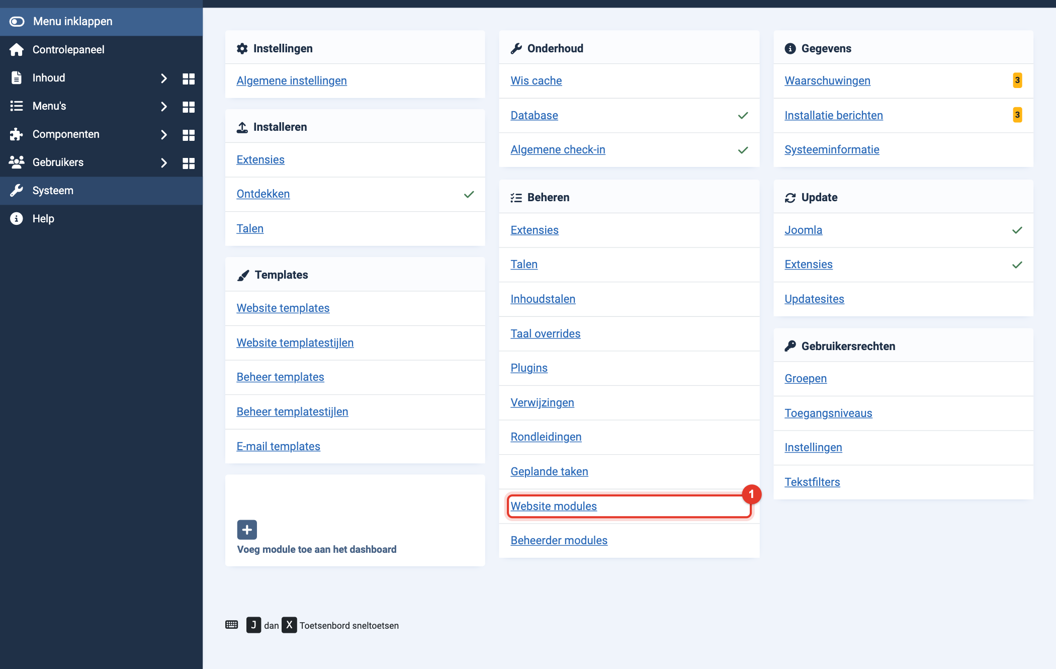 Joomla 6 Systeem controlepaneel, Beheren, Website modules