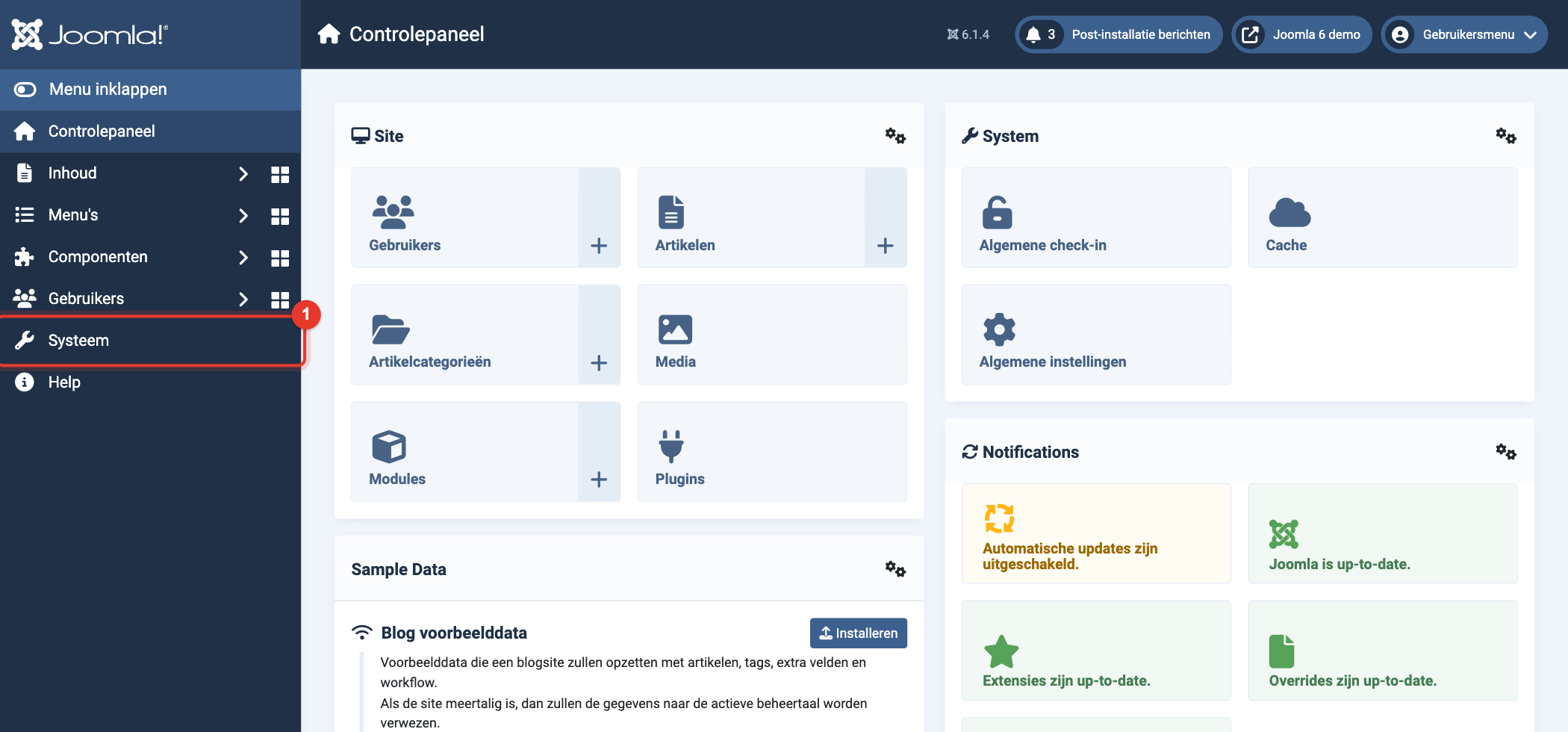 Joomla 6 controlepaneel, menu-item Systeem