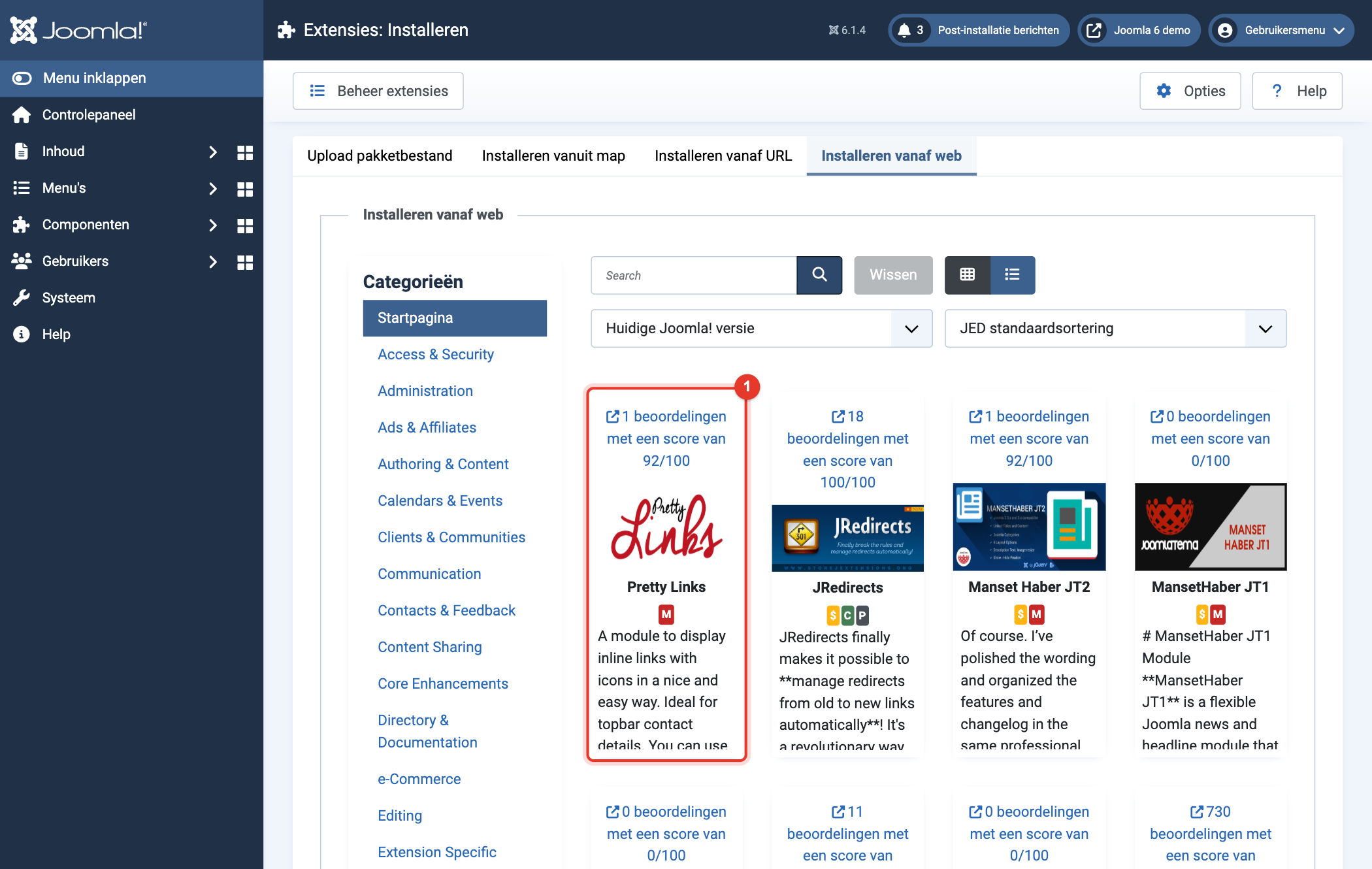 Joomla 6 Installeren vanaf web, Pretty Links in de resultaten