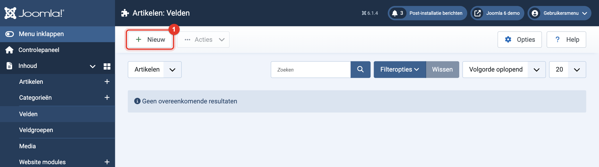 Joomla 6 Artikelen: Velden, de knop Nieuw