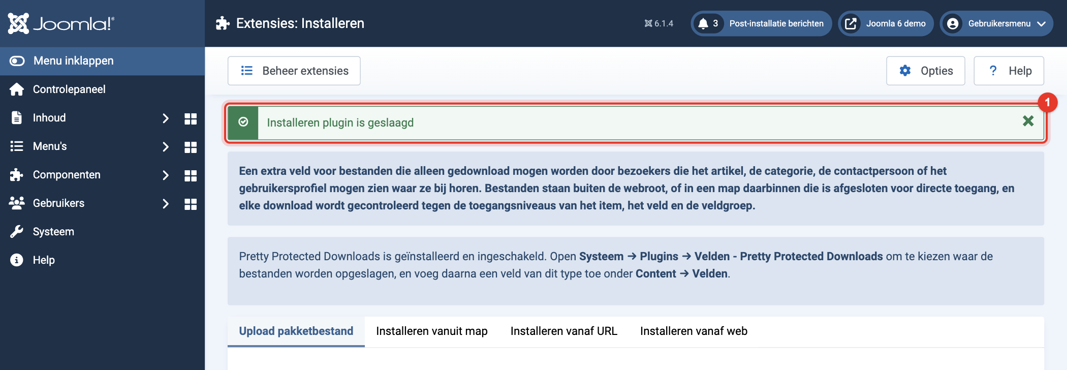Joomla 6 melding: installeren plugin is geslaagd