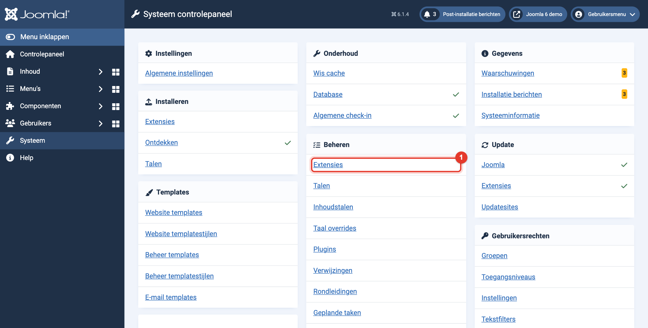 Joomla 6 Systeem controlepaneel, Beheren, Extensies