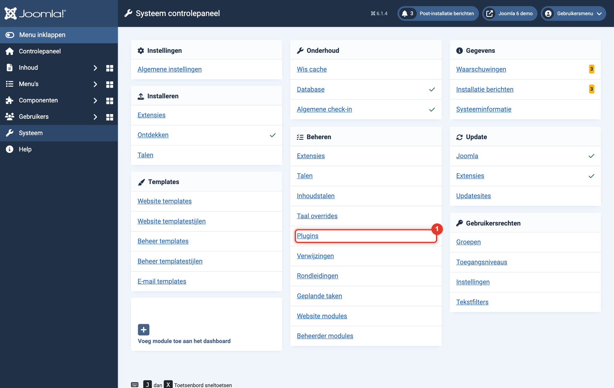 Joomla 6 Systeem controlepaneel, Beheren, Plugins
