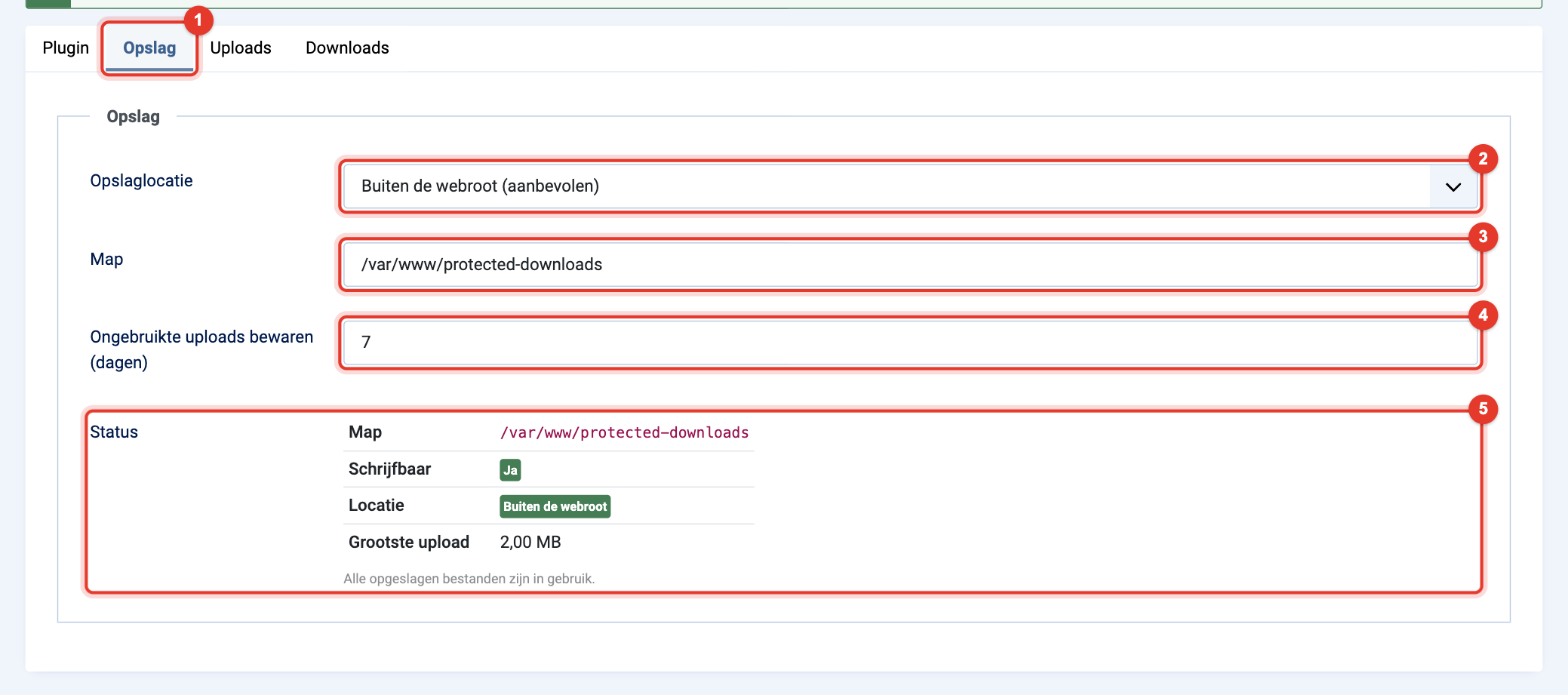 Plugin Pretty Protected Downloads: tabblad Opslag met de status