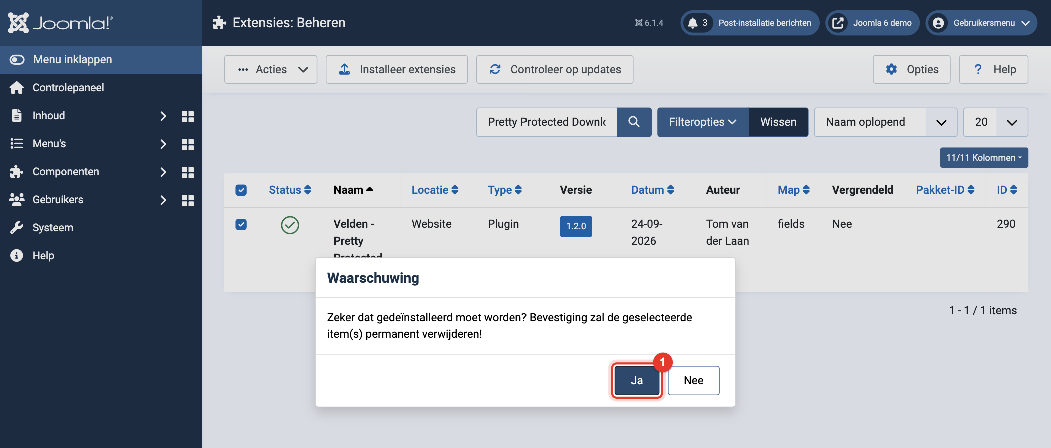 Joomla 6 waarschuwing: weet je zeker dat je wilt de-installeren