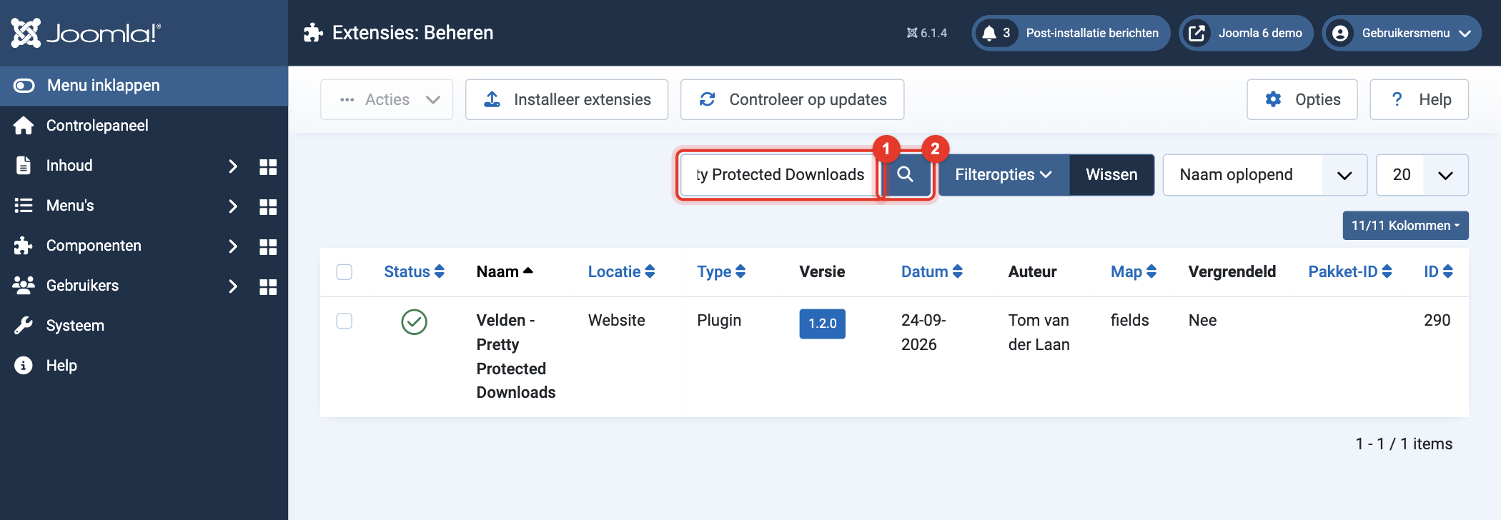 Joomla 6 Extensies: Beheren, zoeken naar Pretty Protected Downloads
