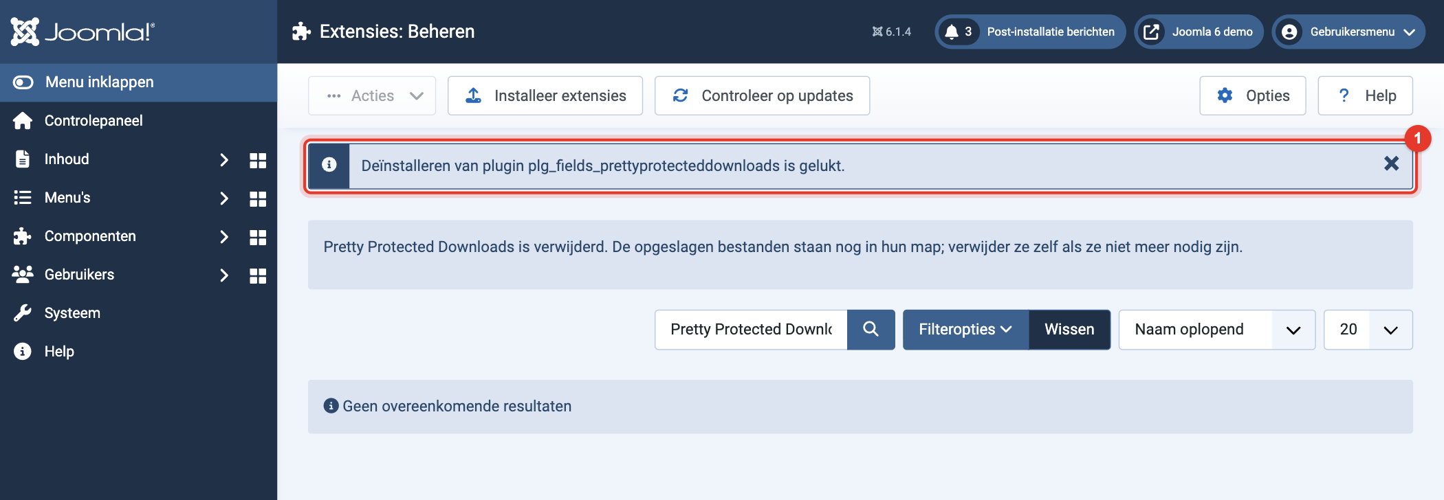Joomla 6 melding: de-installeren van de plugin is gelukt