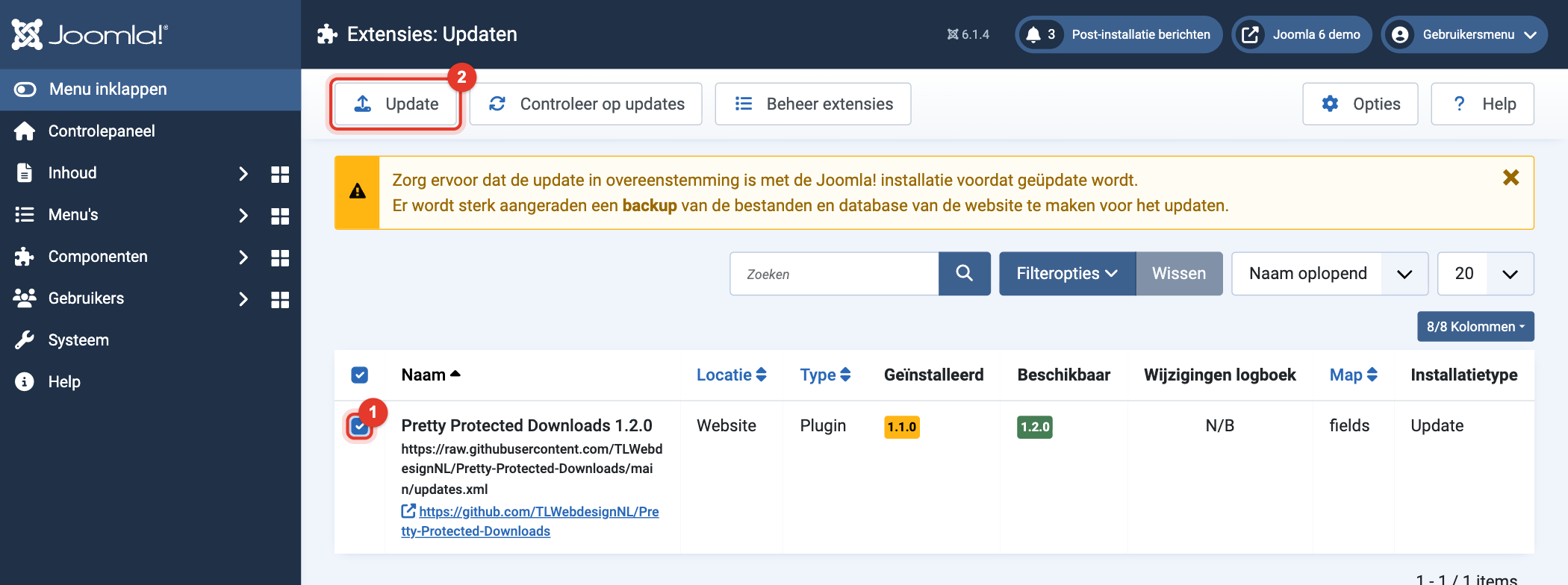 Joomla 6 Extensies: Updaten met Pretty Protected Downloads aangevinkt