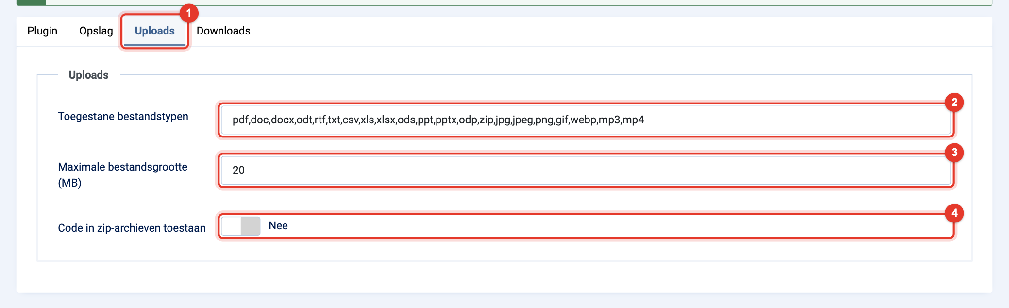 Plugin Pretty Protected Downloads: tabblad Uploads