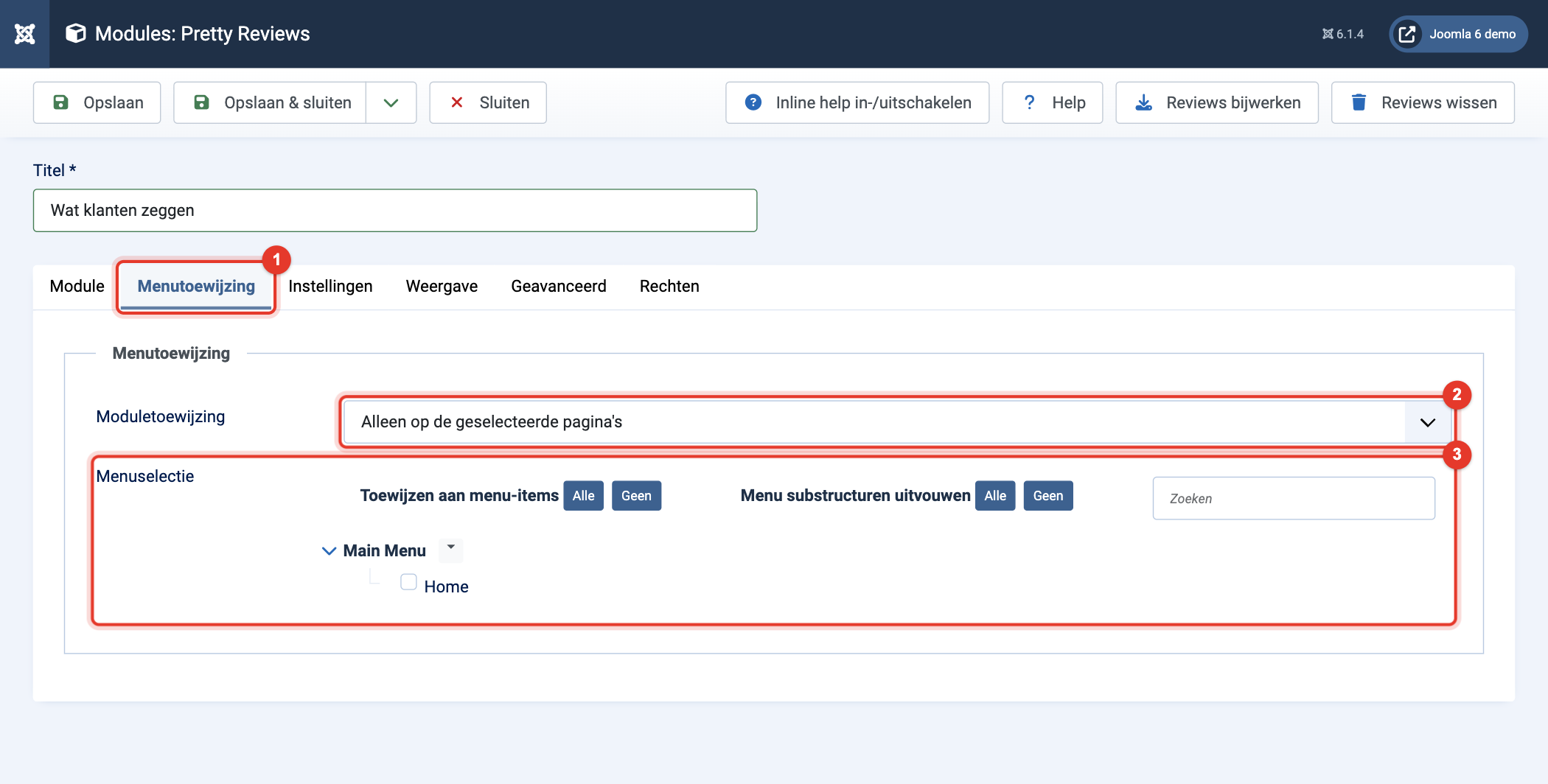 Module Pretty Reviews: tabblad Menutoewijzing