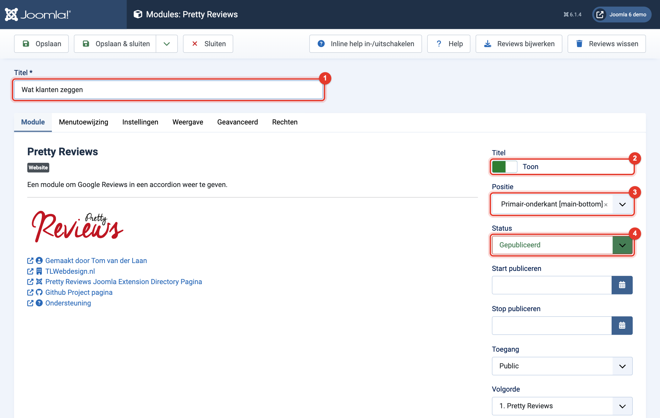 Module Pretty Reviews: titel, positie en status