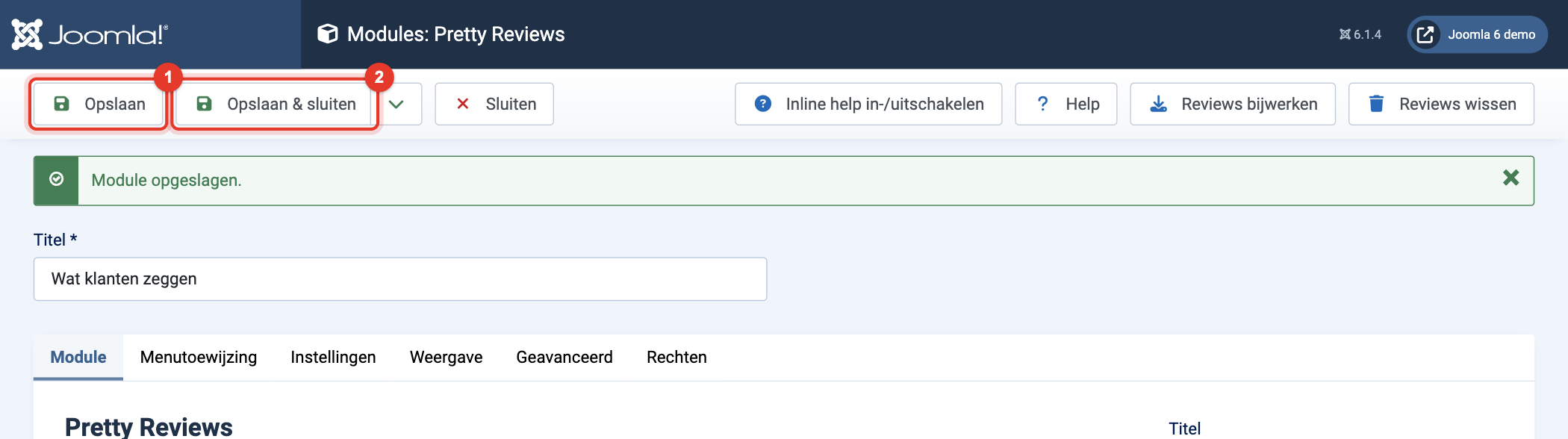 Module Pretty Reviews: Opslaan en Opslaan & sluiten