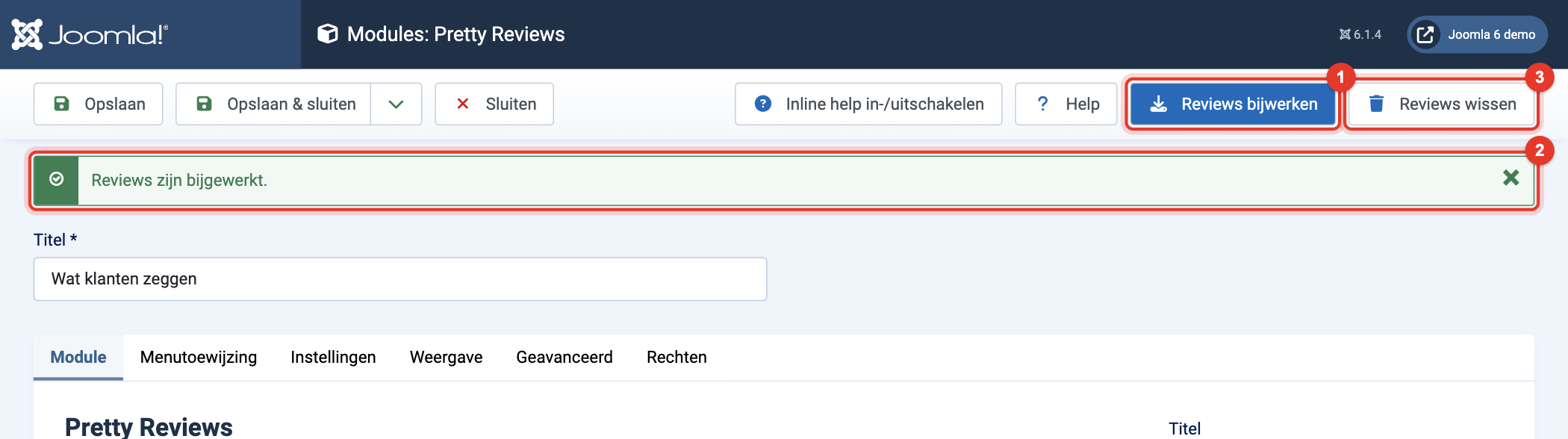Module Pretty Reviews: de knoppen Reviews bijwerken en Reviews wissen