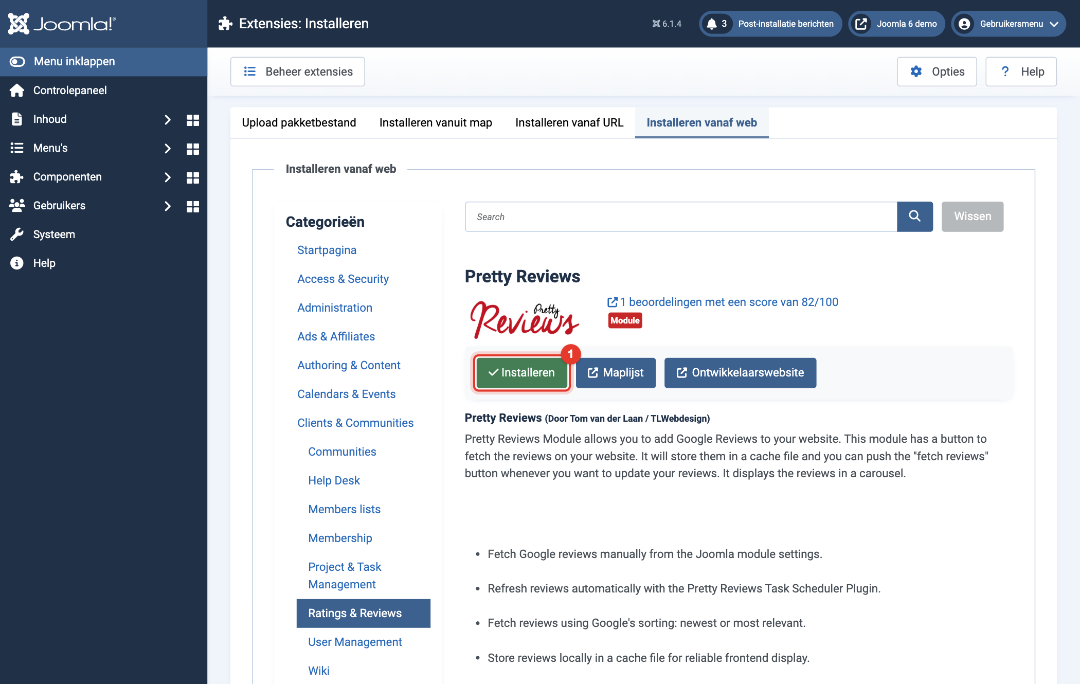 Joomla 6 Installeren vanaf web, de knop Install van Pretty Reviews