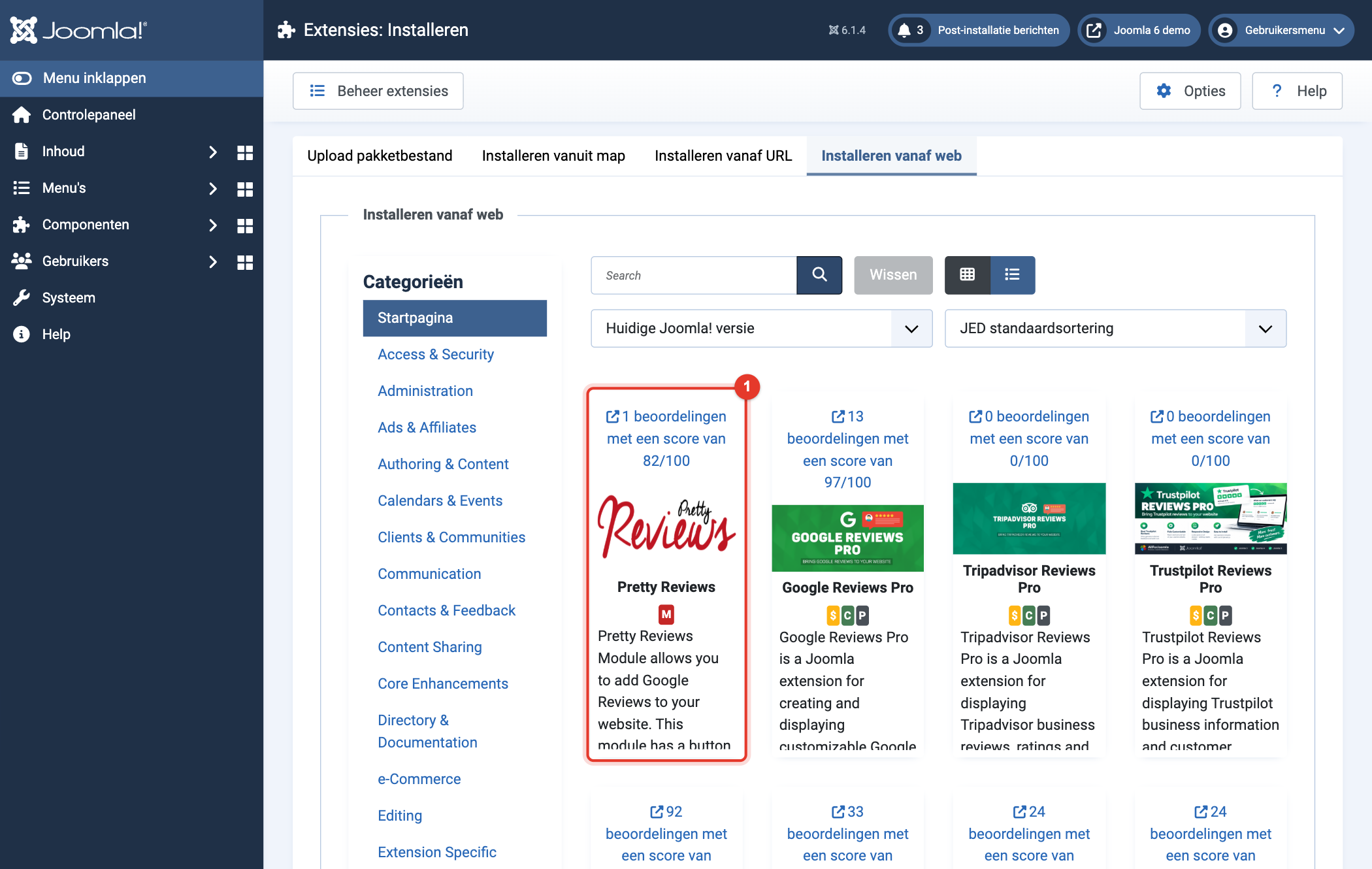 Joomla 6 Installeren vanaf web, Pretty Reviews in de resultaten