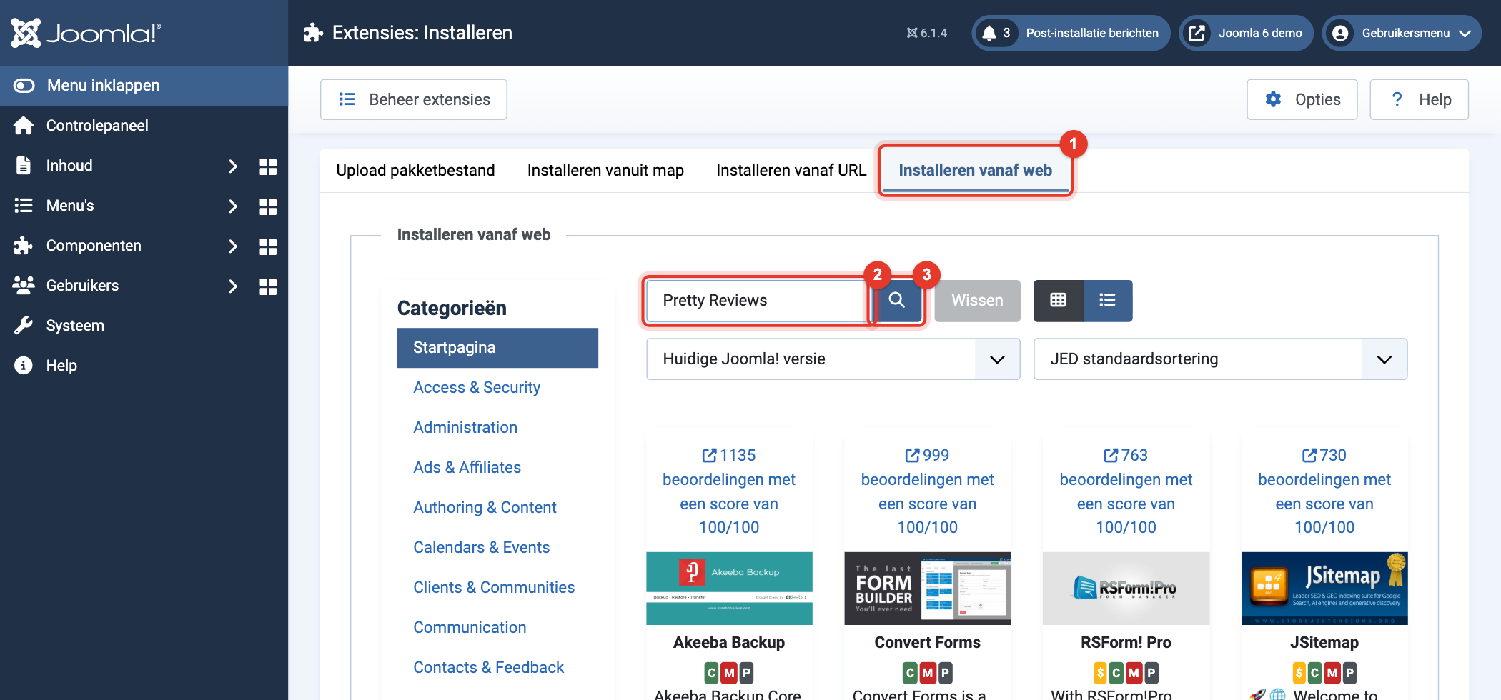 Joomla 6 Installeren vanaf web, zoeken naar Pretty Reviews