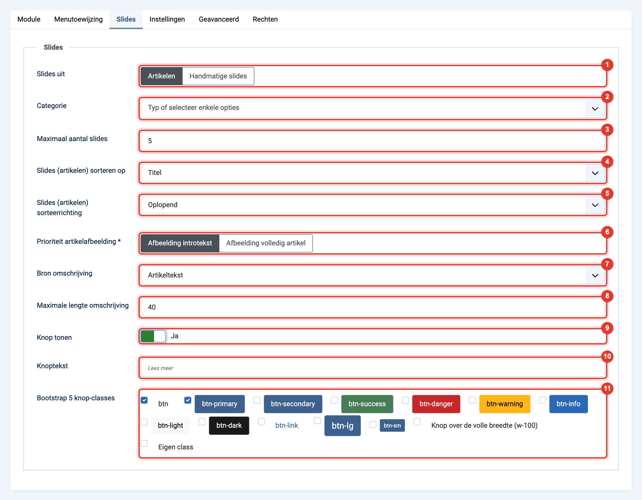 Module Pretty Slider: de instellingen voor slides uit artikelen