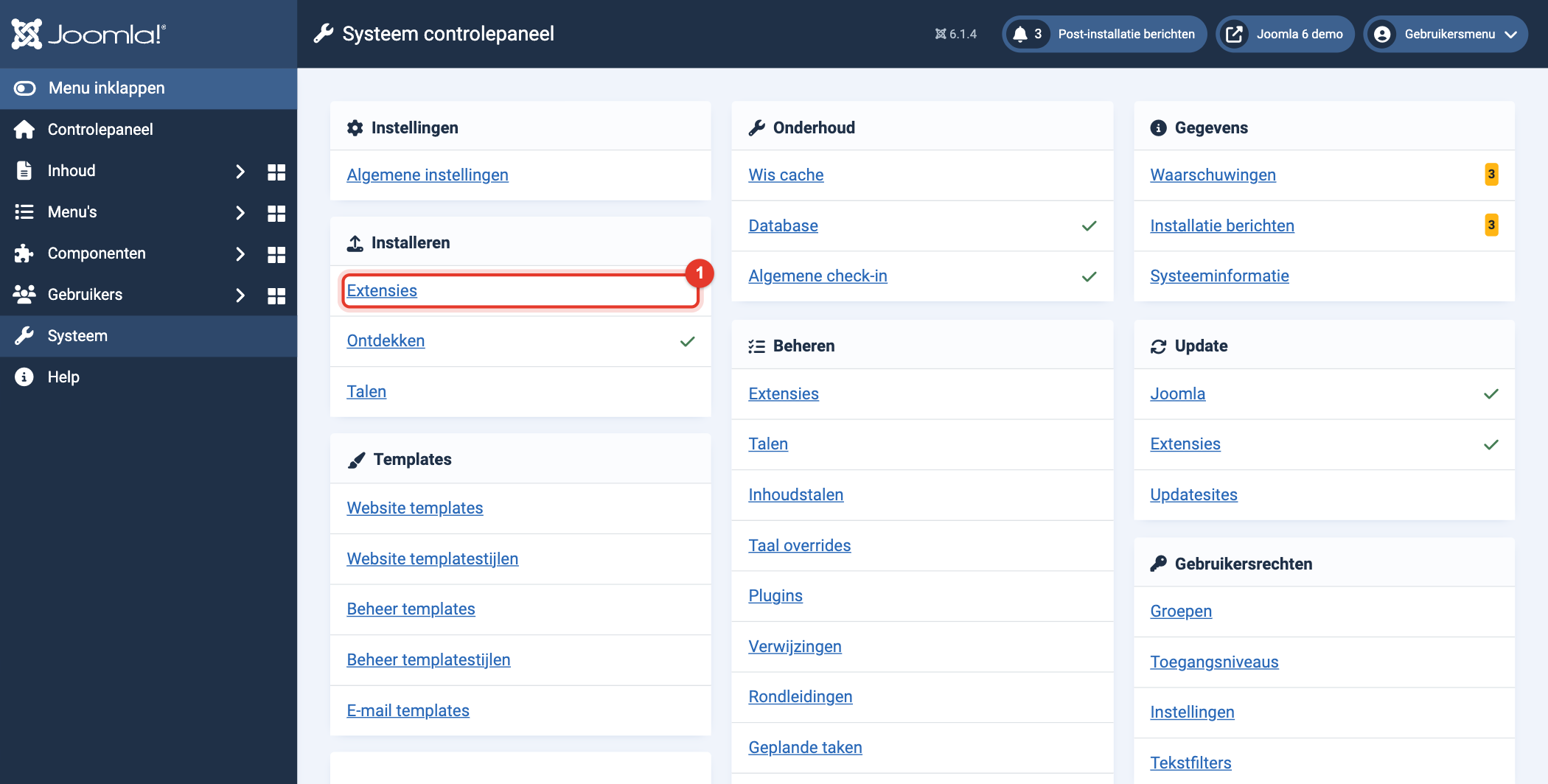 Joomla 6 Systeem controlepaneel, Installeren, Extensies