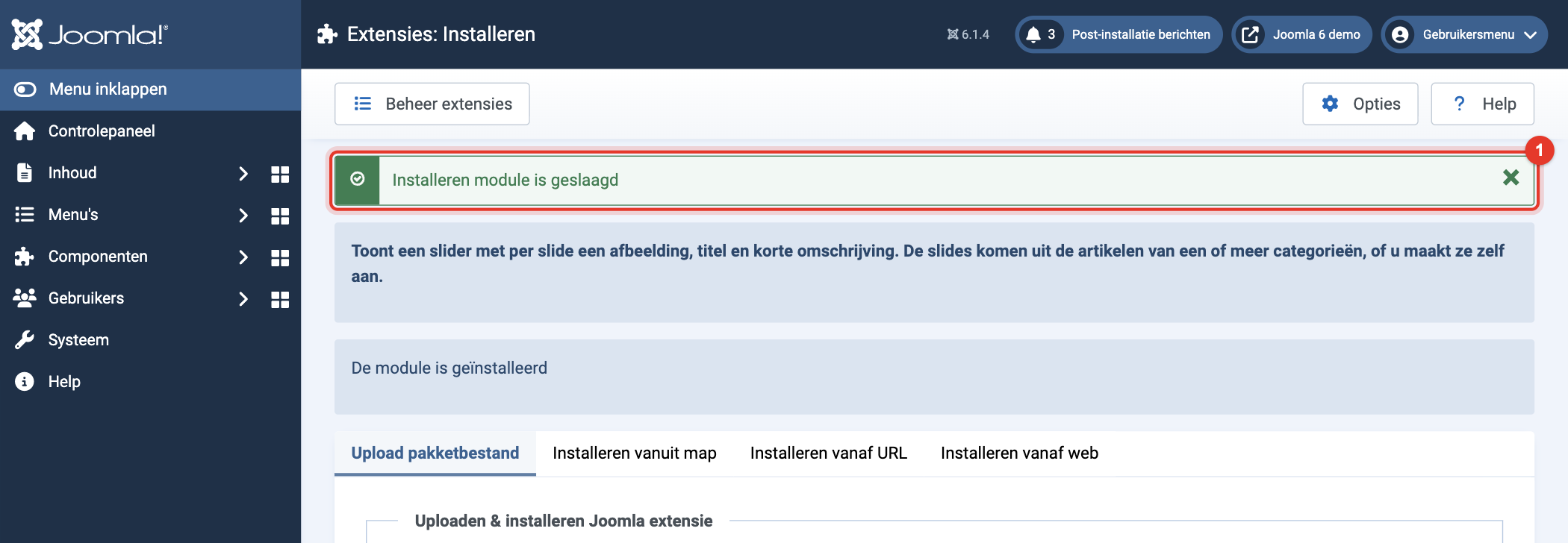 Joomla 6 melding: installeren module is geslaagd