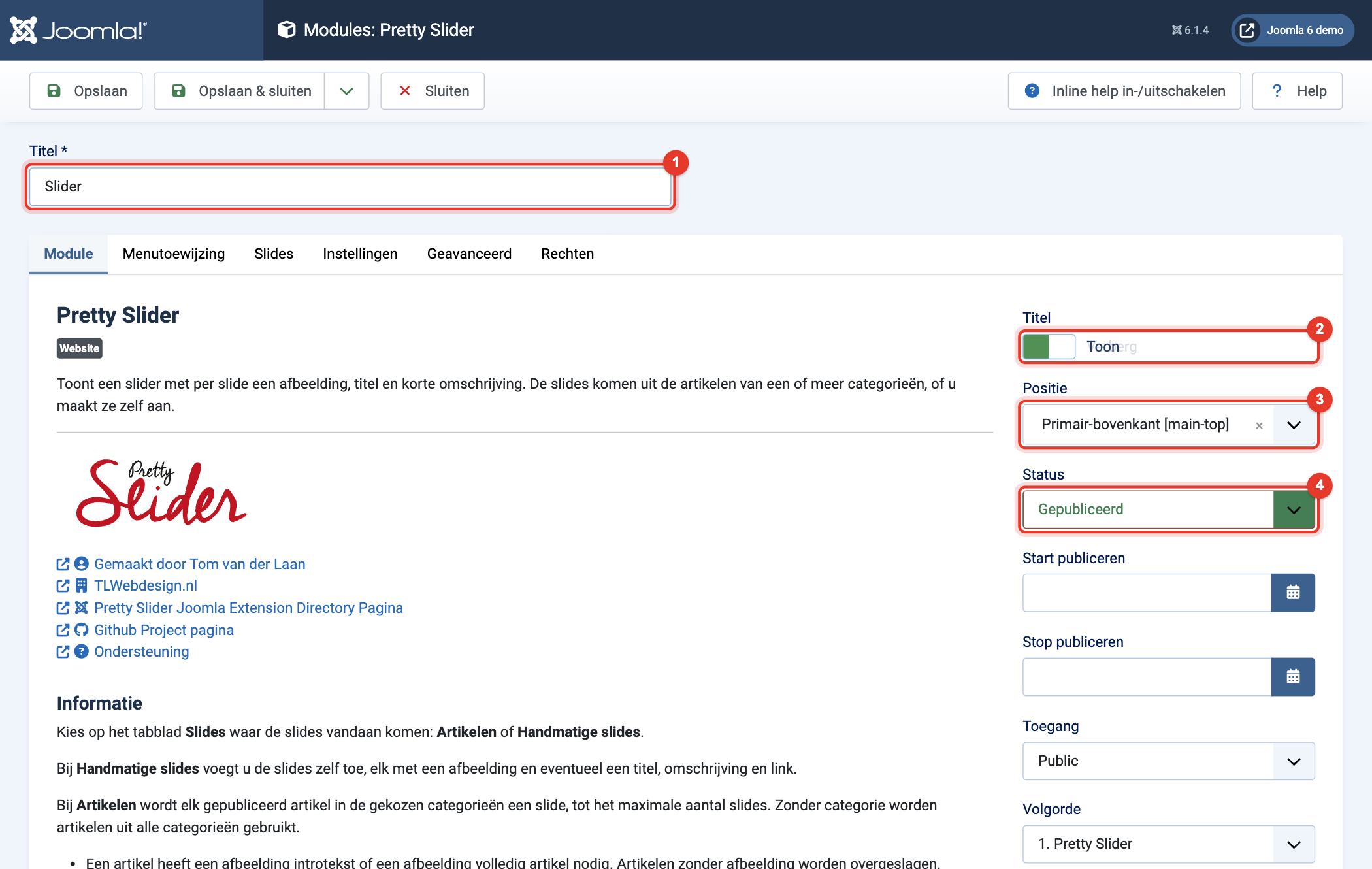 Module Pretty Slider: titel, positie en status