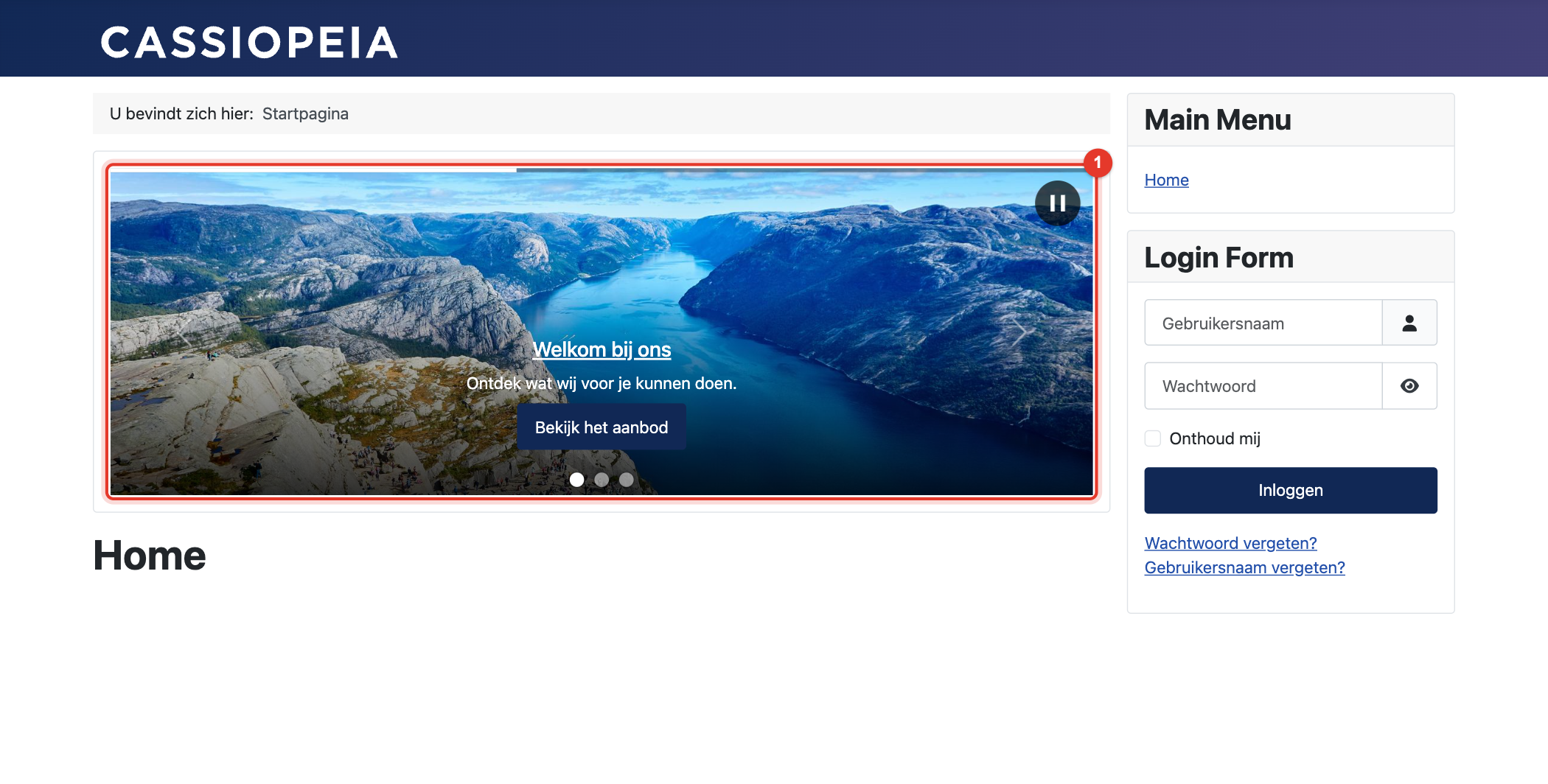 Pretty Slider op de website met het template Cassiopeia