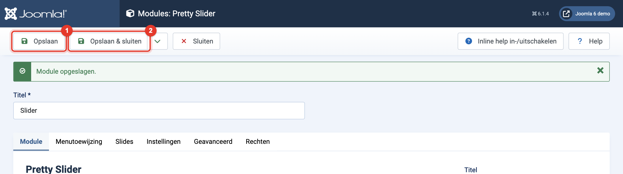 Module Pretty Slider: Opslaan en Opslaan & sluiten