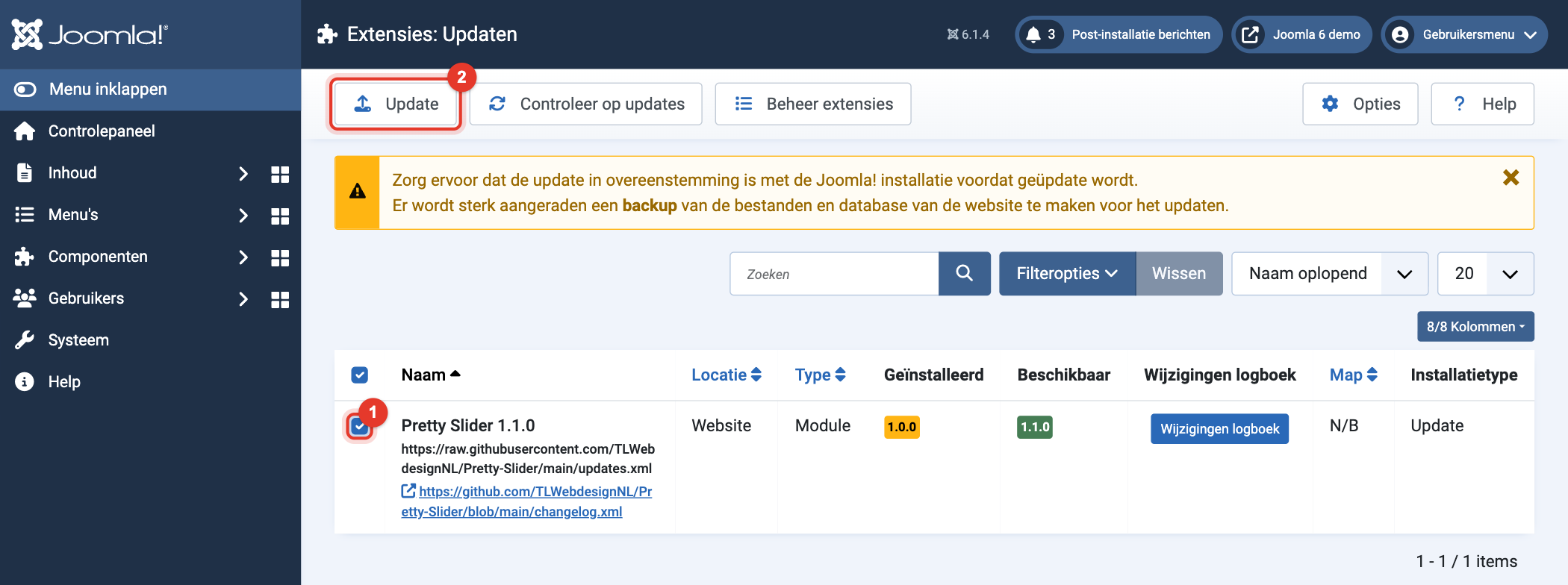 Joomla 6 Extensies: Updaten met Pretty Slider aangevinkt