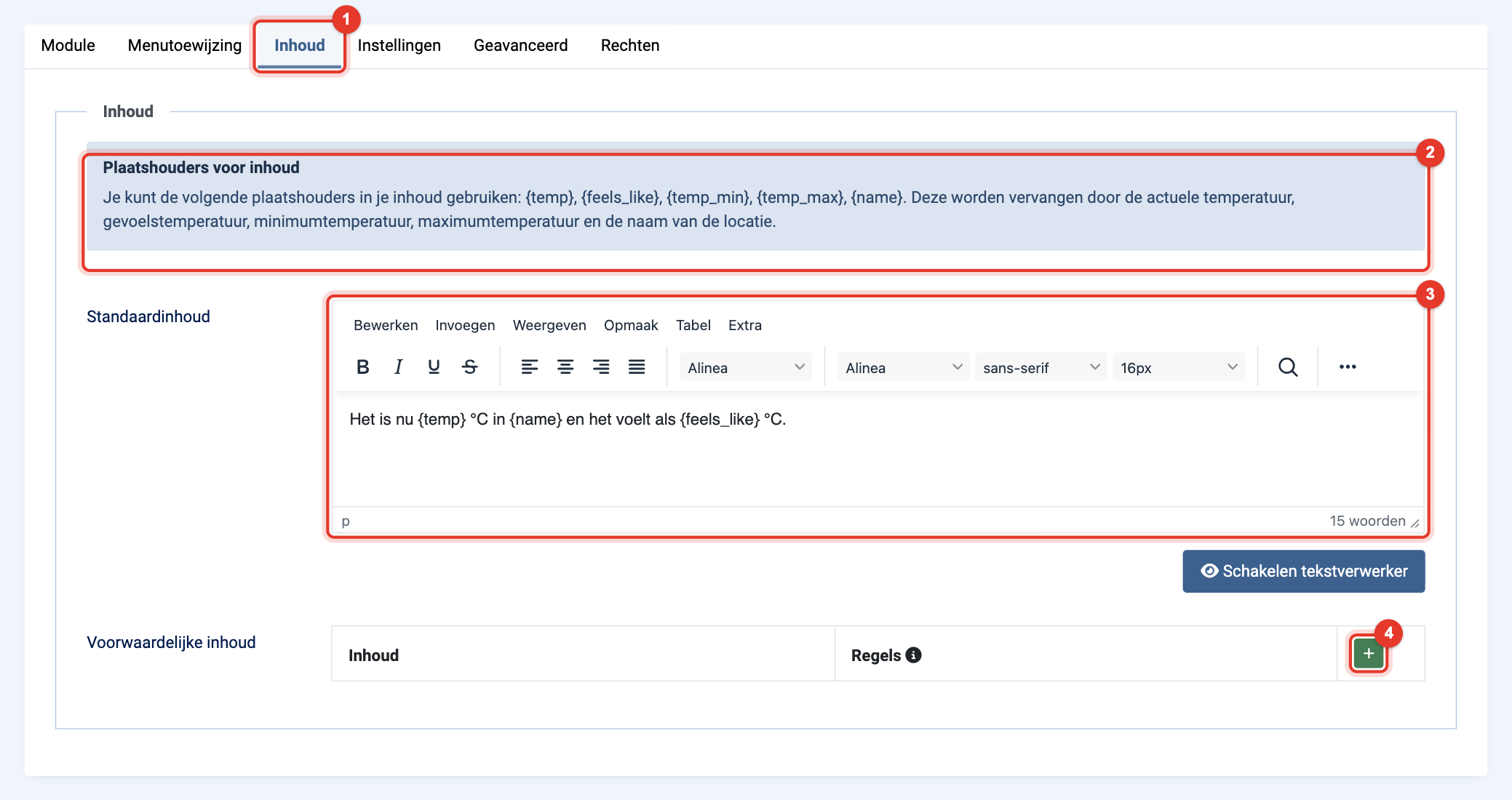 Module Pretty Weather: tabblad Inhoud met de standaardinhoud