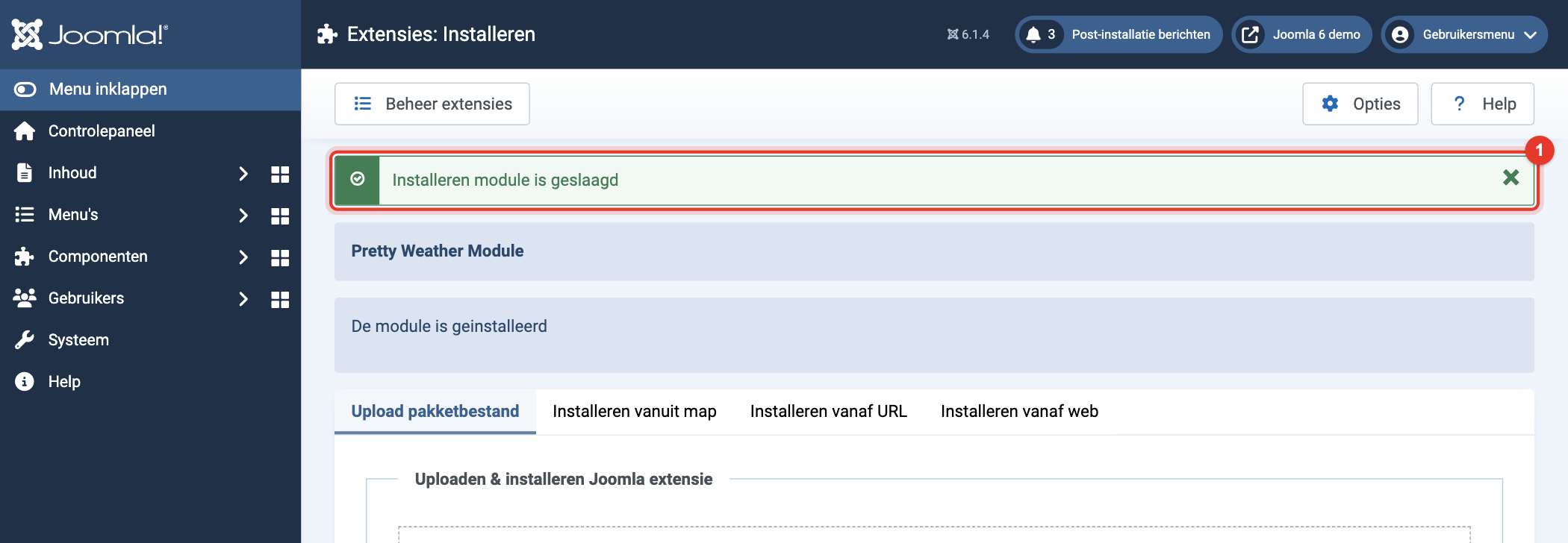 Joomla 6 melding: installeren module is geslaagd