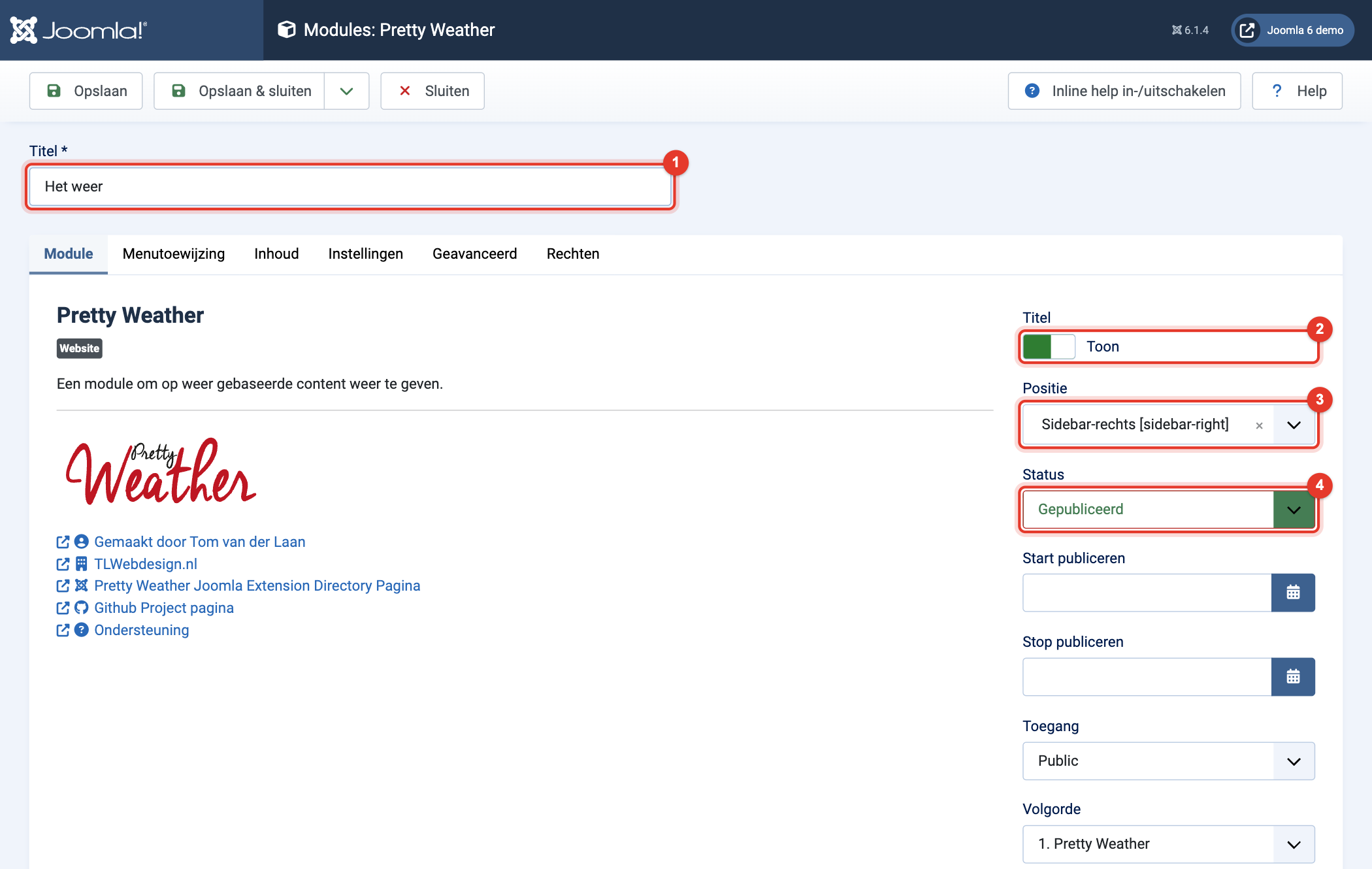 Module Pretty Weather: titel, positie en status