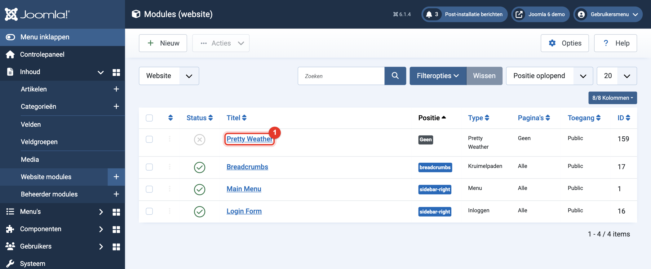 Joomla 6 Website modules met de nieuwe module Pretty Weather