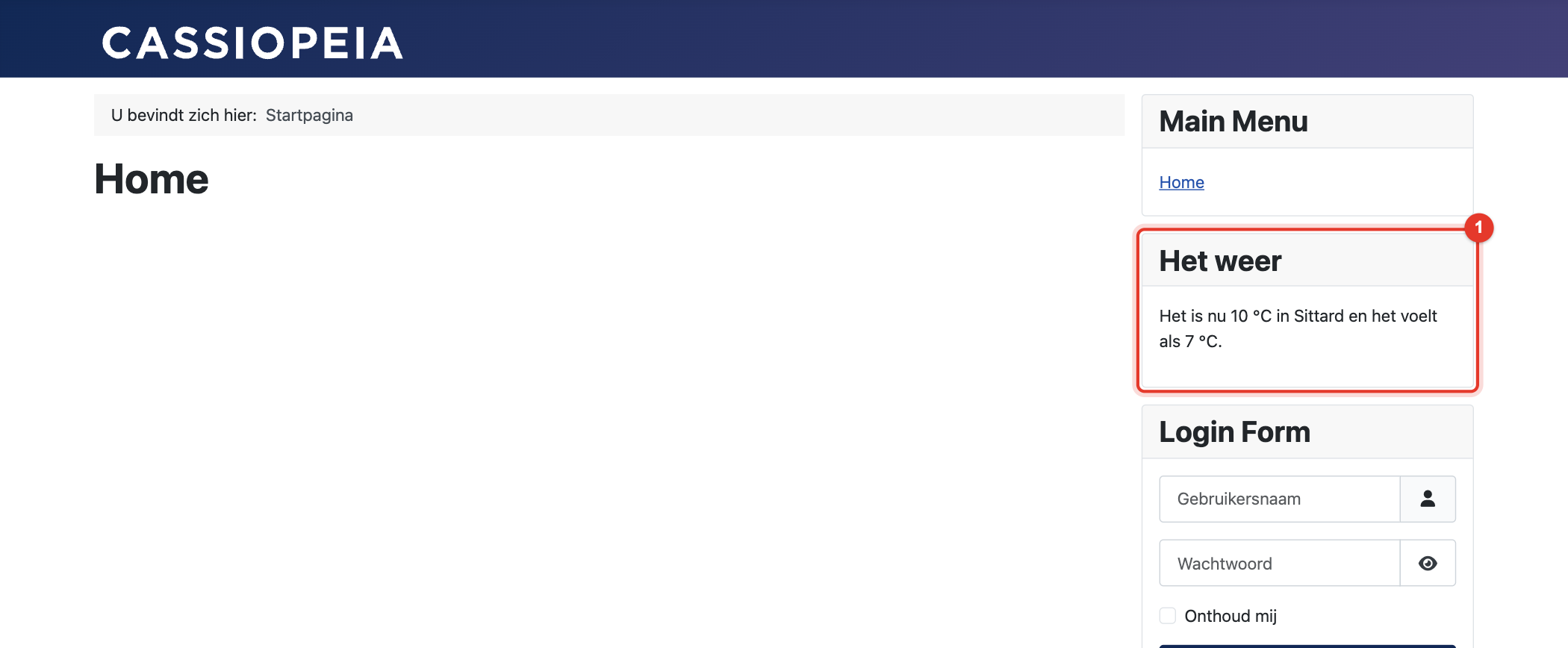 Pretty Weather op de website met het template Cassiopeia