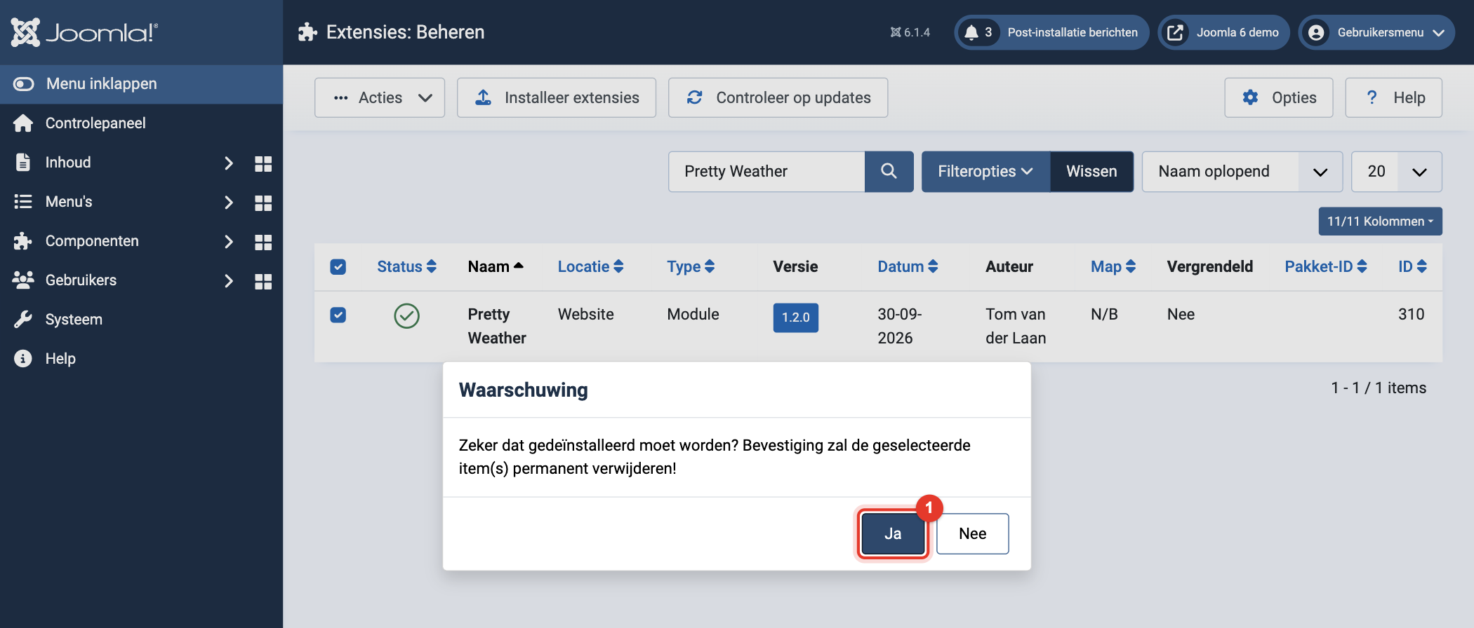 Joomla 6 waarschuwing: weet je zeker dat je wilt de-installeren