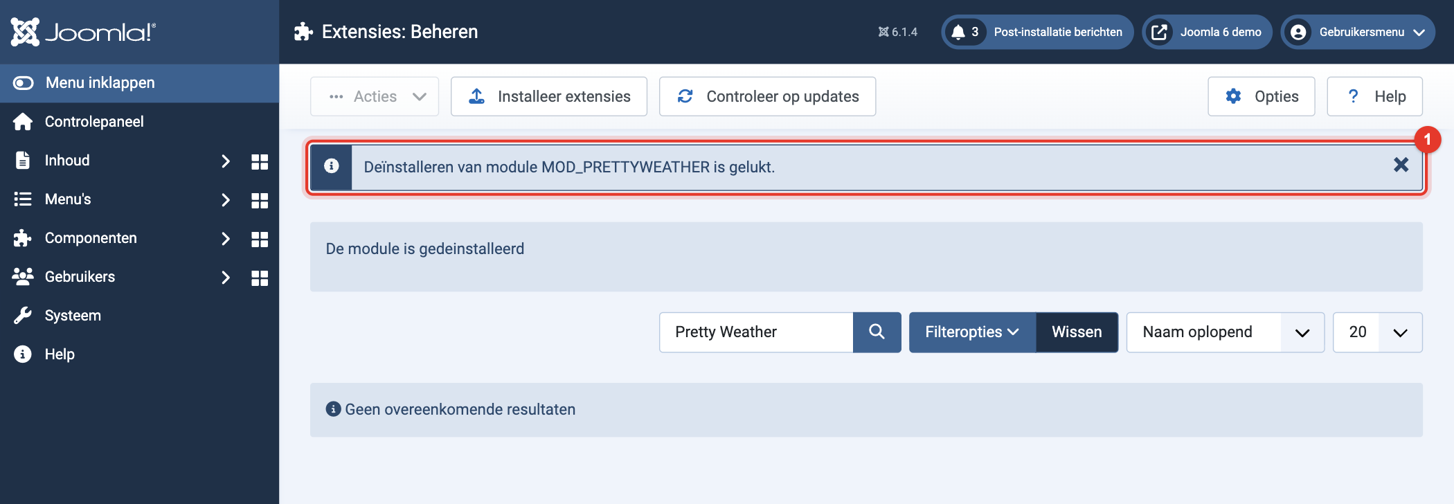 Joomla 6 melding: de-installeren van de module is gelukt