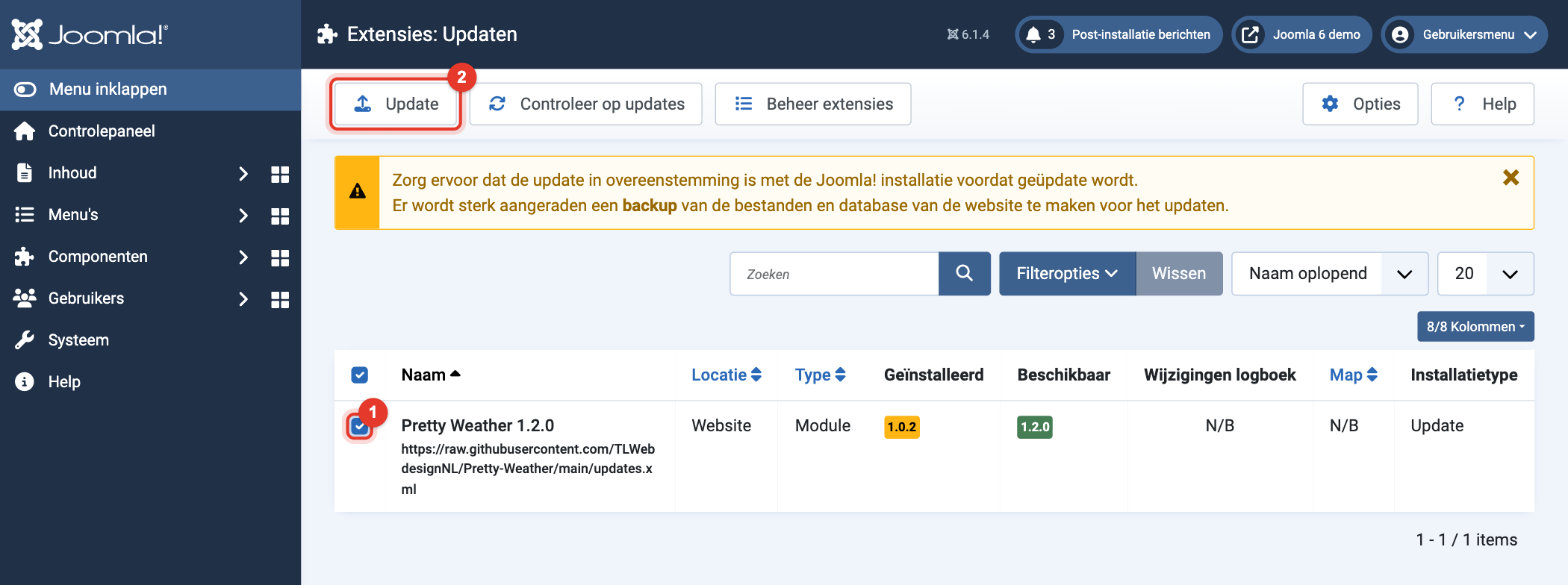 Joomla 6 Extensies: Updaten met Pretty Weather aangevinkt
