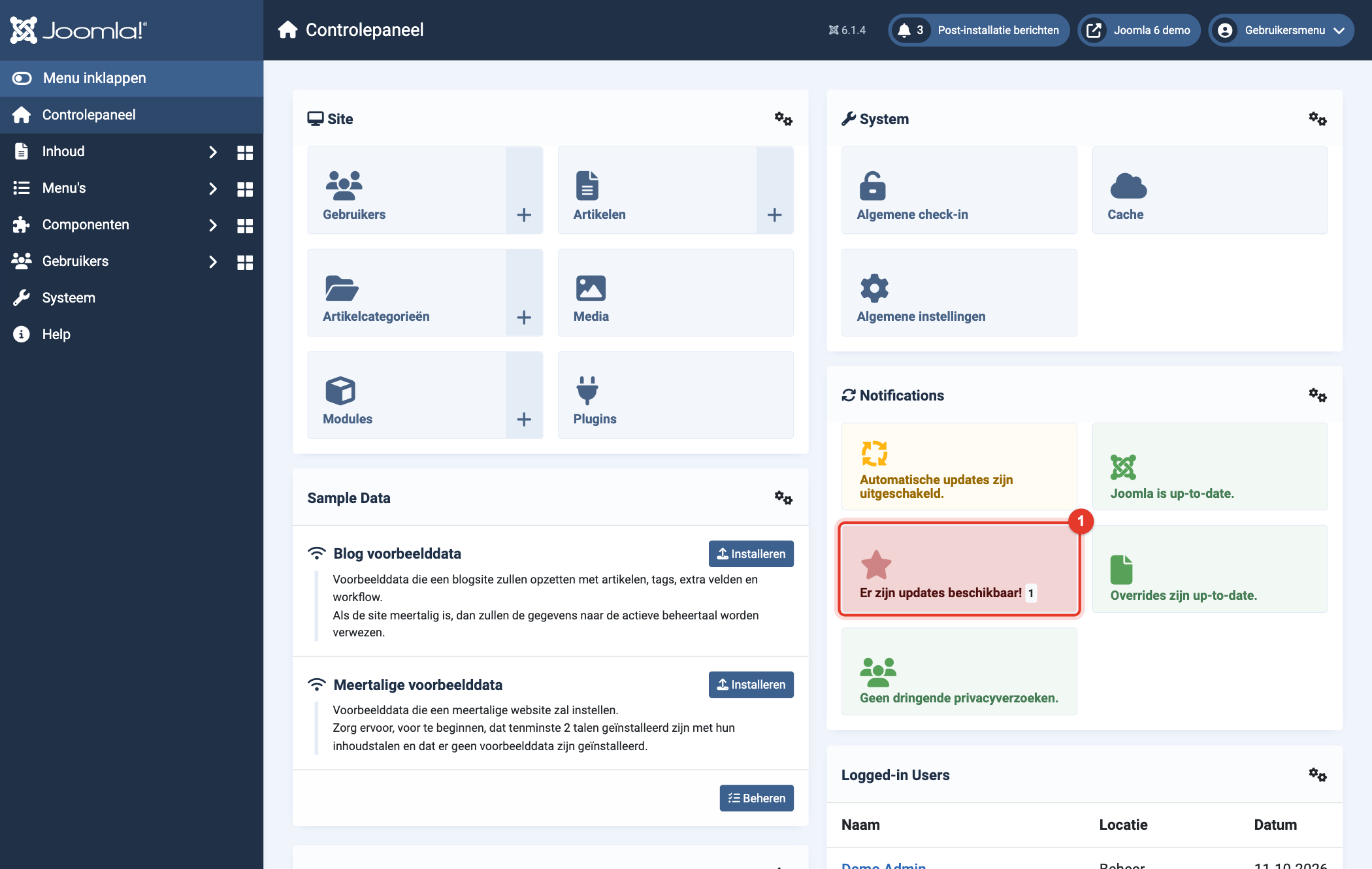 Joomla 6 controlepaneel: er zijn updates beschikbaar