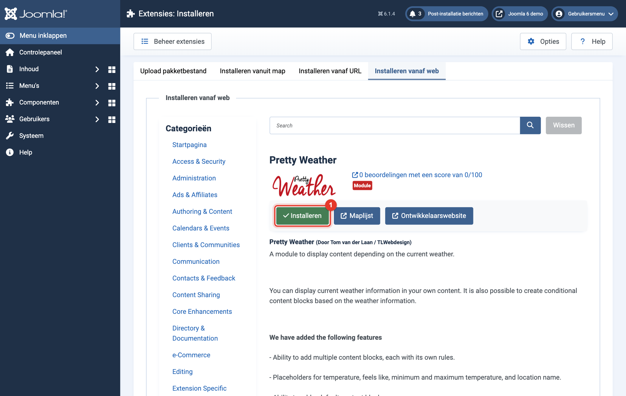 Joomla 6 Installeren vanaf web, de knop Install van Pretty Weather