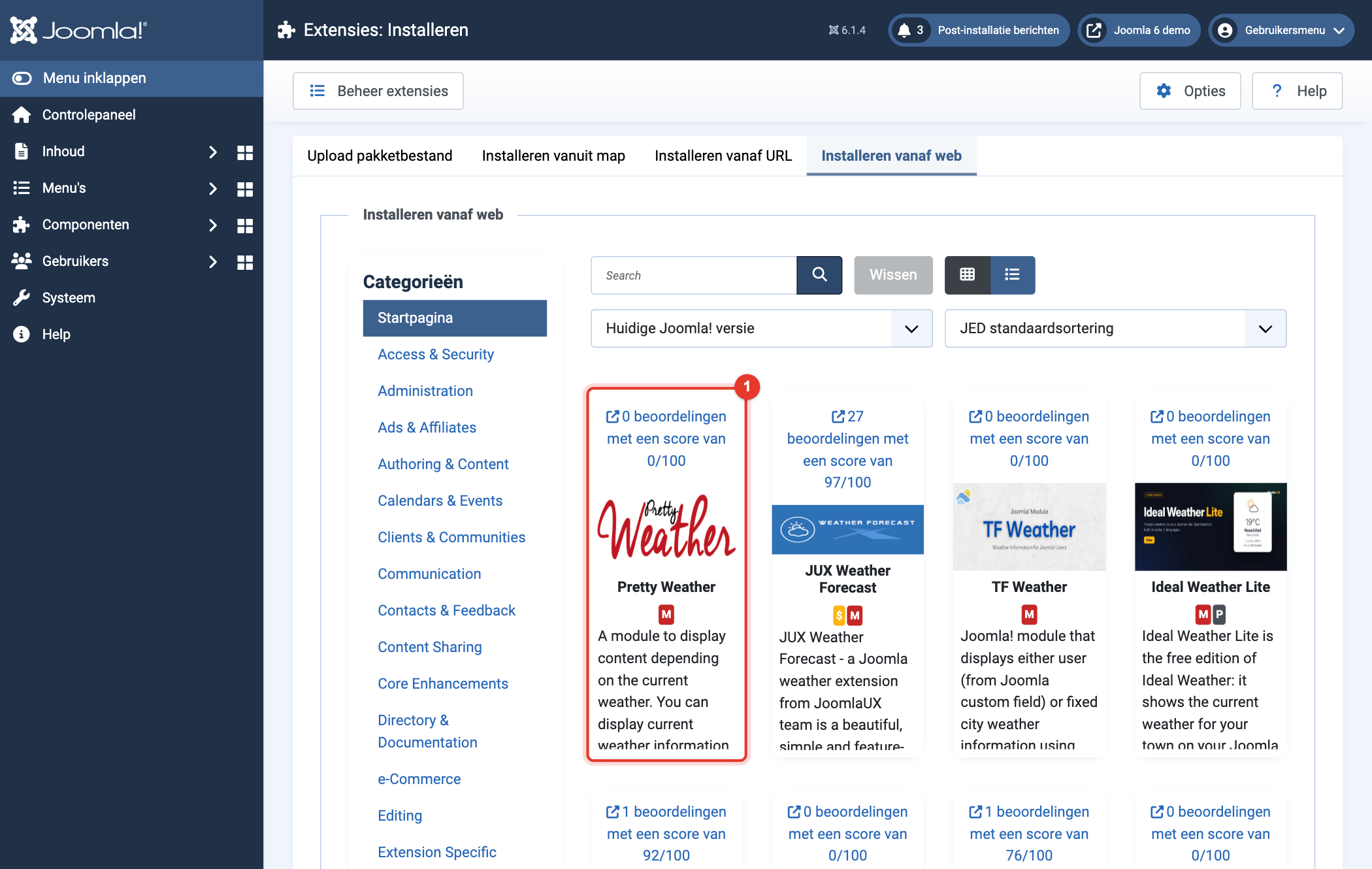 Joomla 6 Installeren vanaf web, Pretty Weather in de resultaten