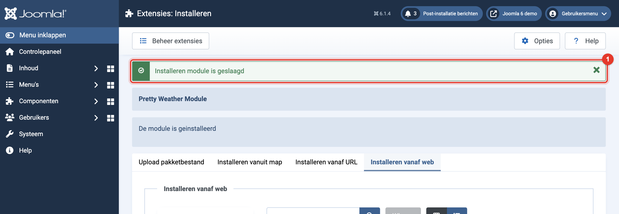 Joomla 6 melding: installeren module is geslaagd