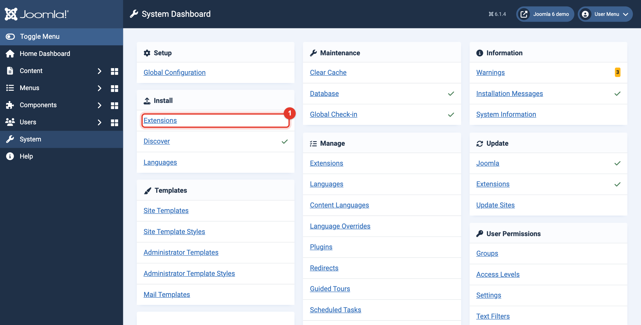 Joomla 6 System Dashboard, Install, Extensions