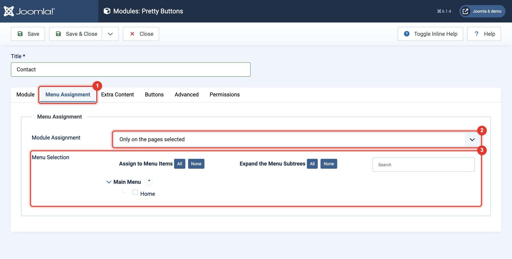 Pretty Buttons module: Menu Assignment tab