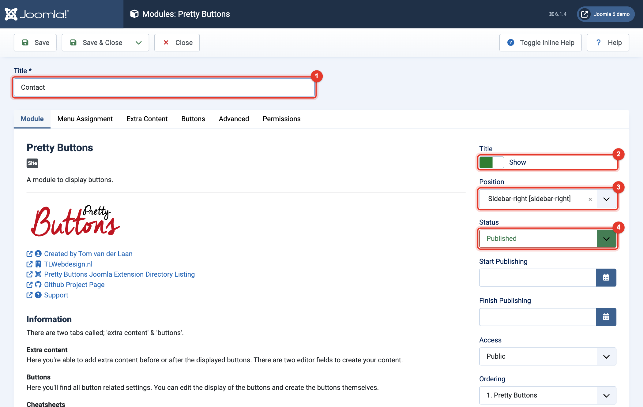 Pretty Buttons module: title, position and status